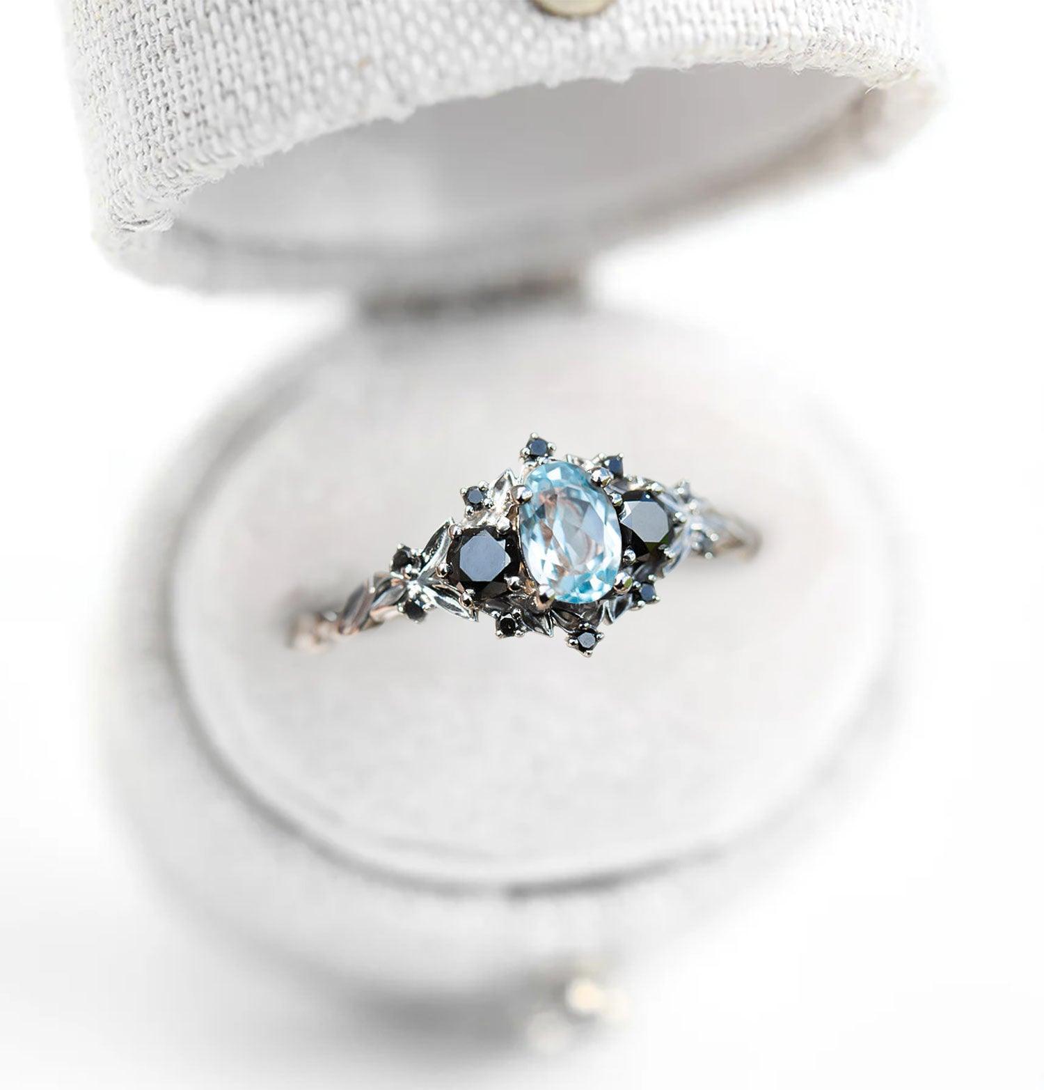 Unique Briar Rose Three Stone Oval Lab Topaz and Black Moissanite Ring - Oore Jewelry