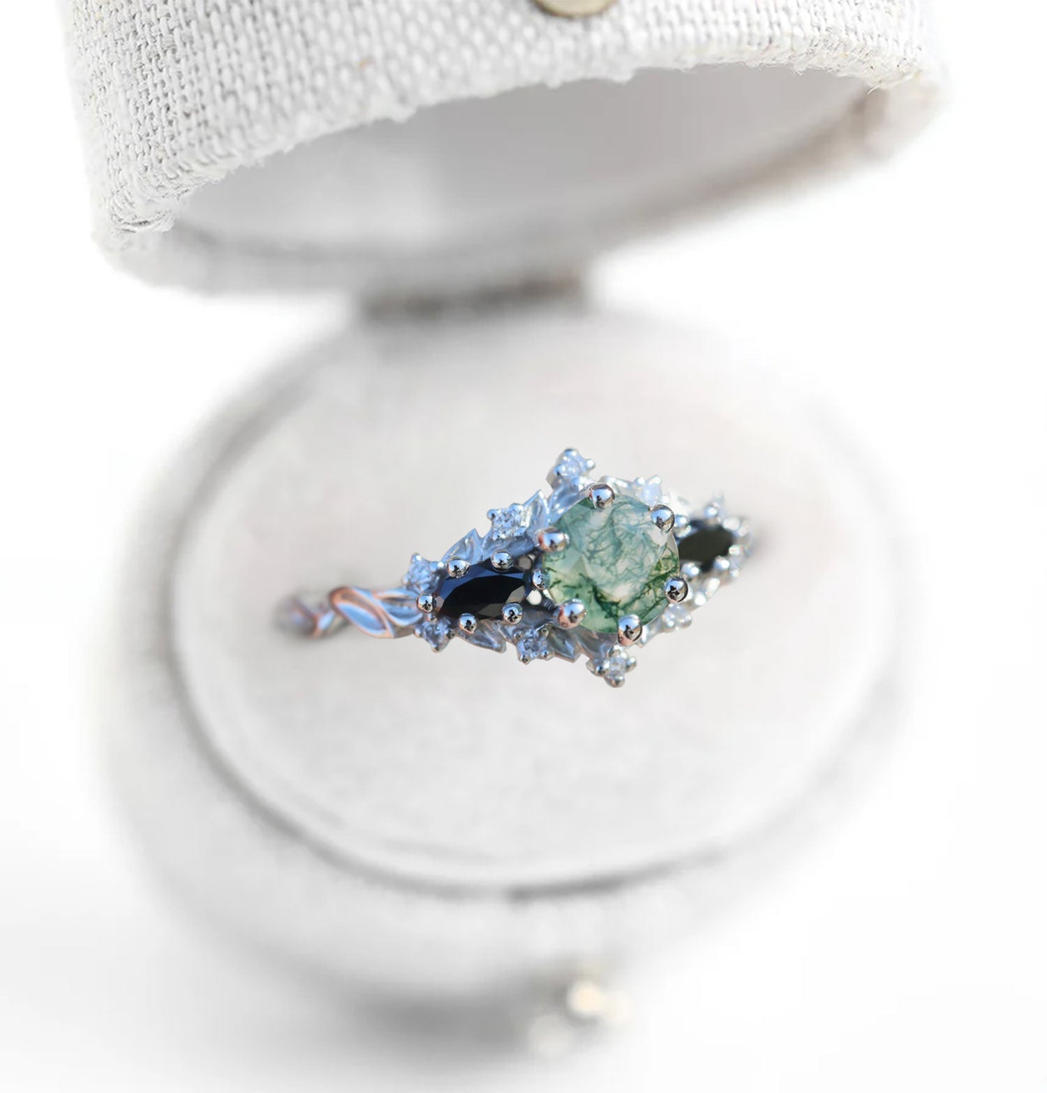 Unique Briar Rose Round Moss Agate and Black Moissanite Ring - Oore Jewelry