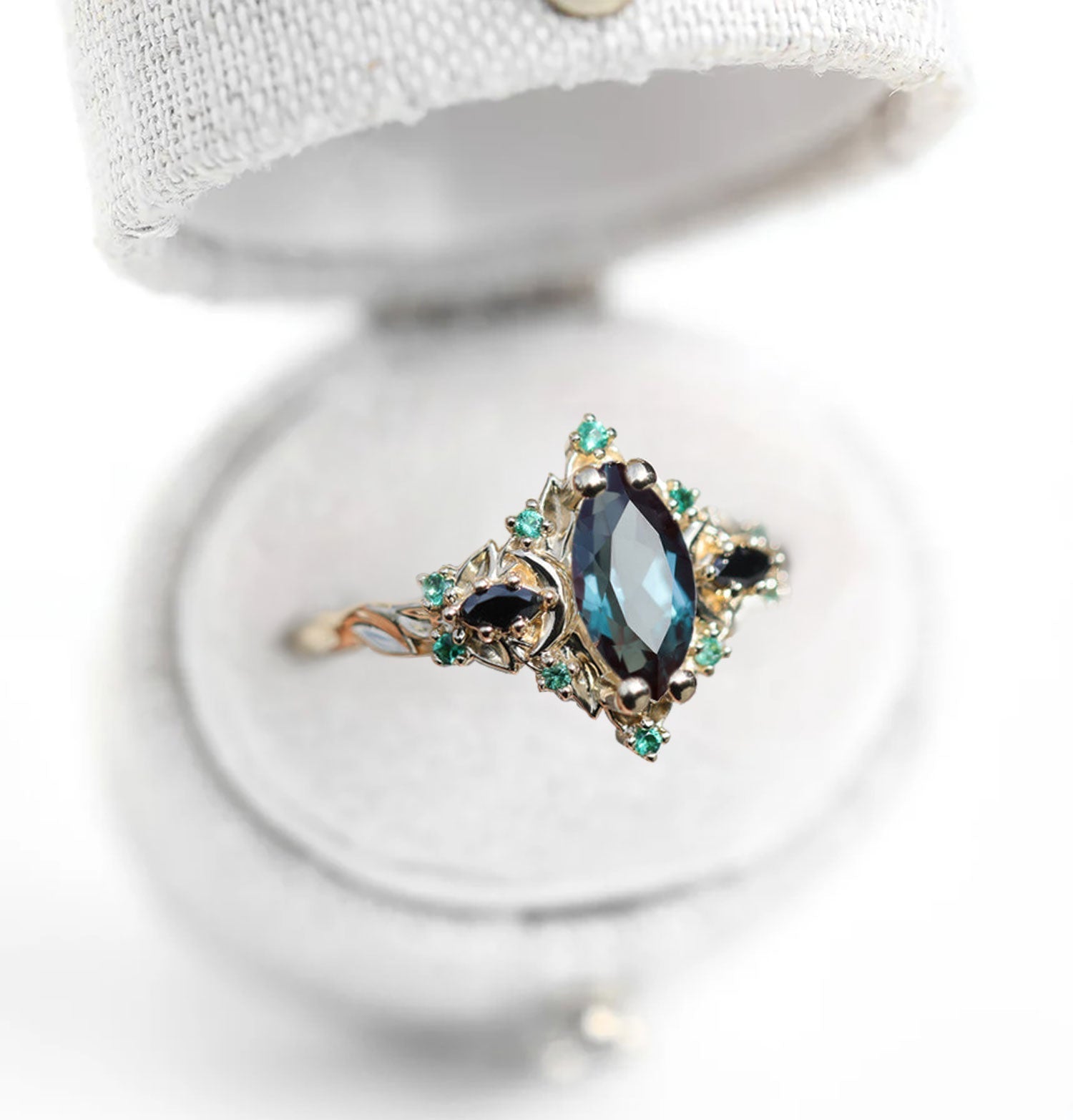 Unique Briar Moon Three Stone Marquise Lab Alexandrite and Lab Emerald Ring - Oore Jewelry