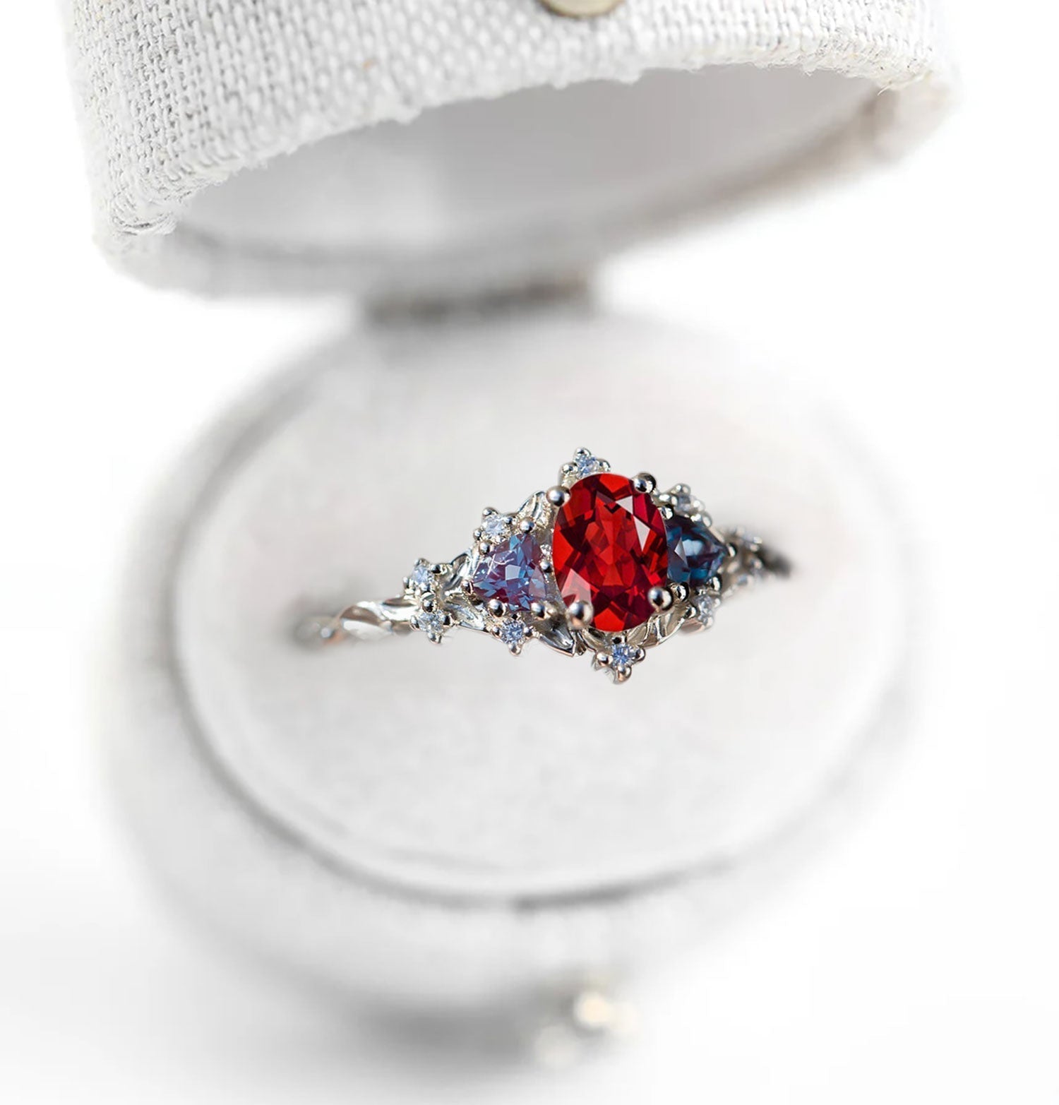 Unique Briar Rose Three Stone Oval Garnet and Lab Alexandrite Wedding Ring - Oore Jewelry