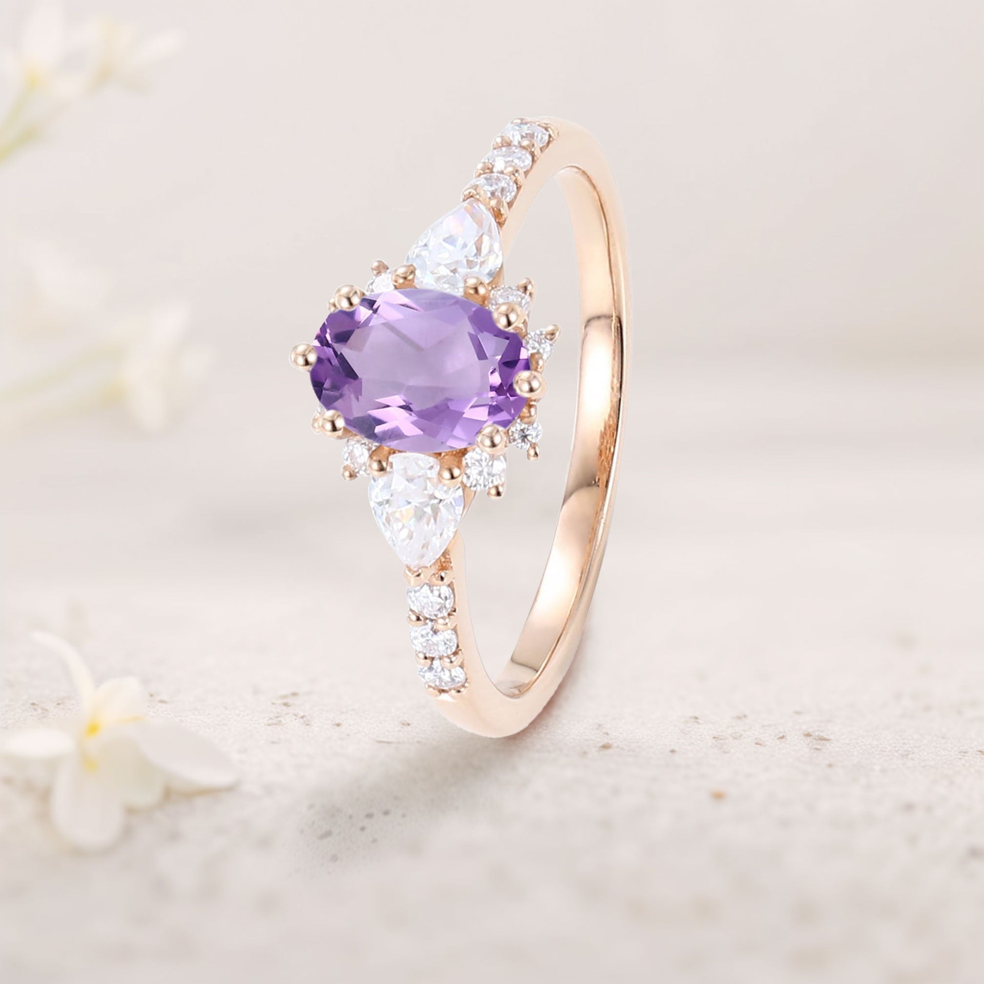 Unique Oval Amethyst Engagement Ring Bridal Ring - Oore Jewelry