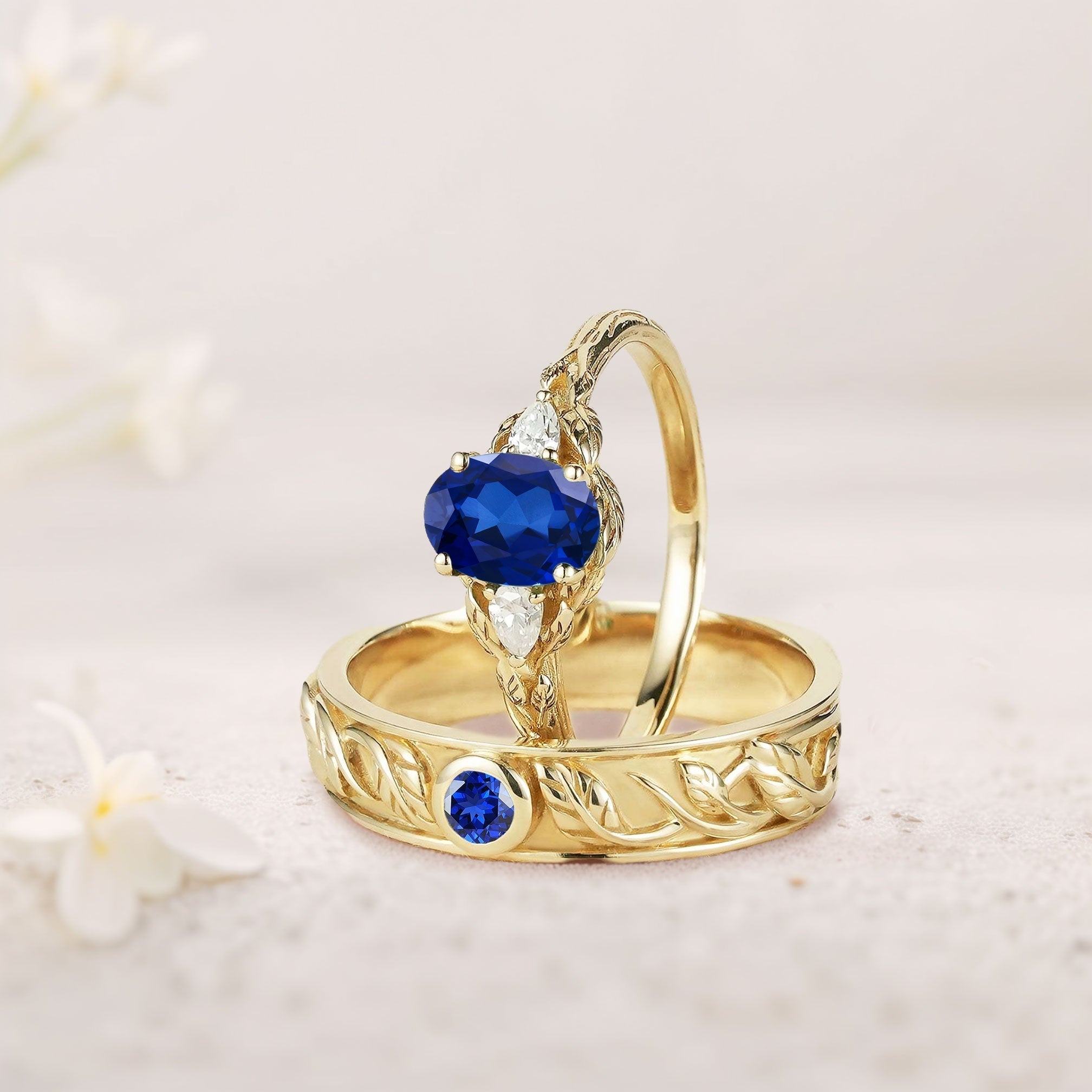 Unique Leaf Design Oval Lab Sapphire and Moissanite Wedding Ring Promise Ring for Couples - Oore Jewelry