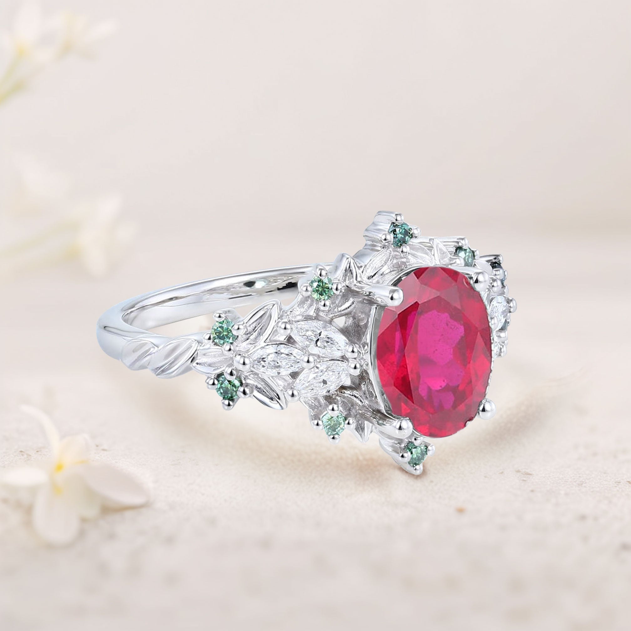 Vintage Starlight Oval Lab Ruby Engagement Ring - Oore Jewelry