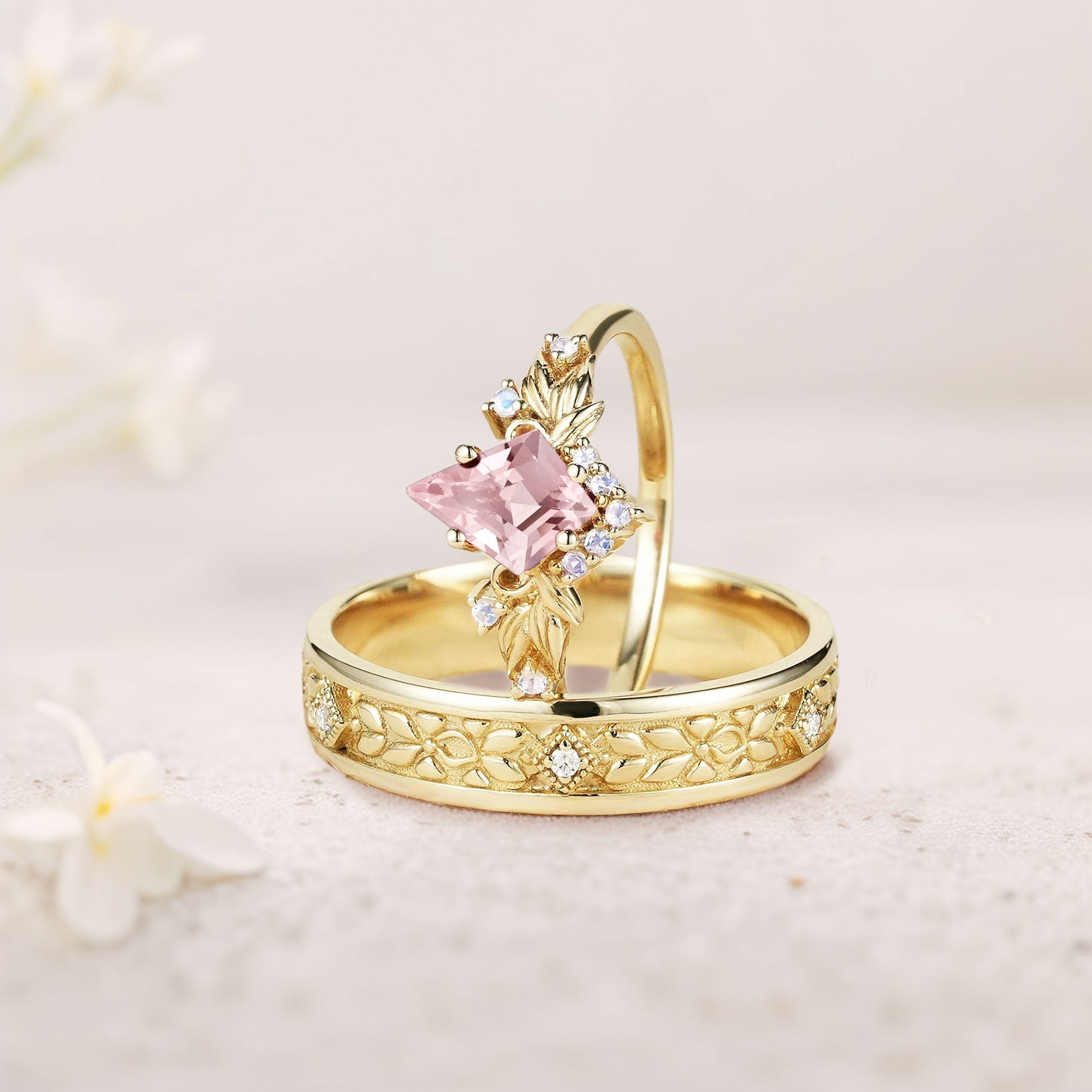 Vintage Kite Lab Padparadscha Promise Ring Engagement Ring Set for Couples - Oore Jewelry