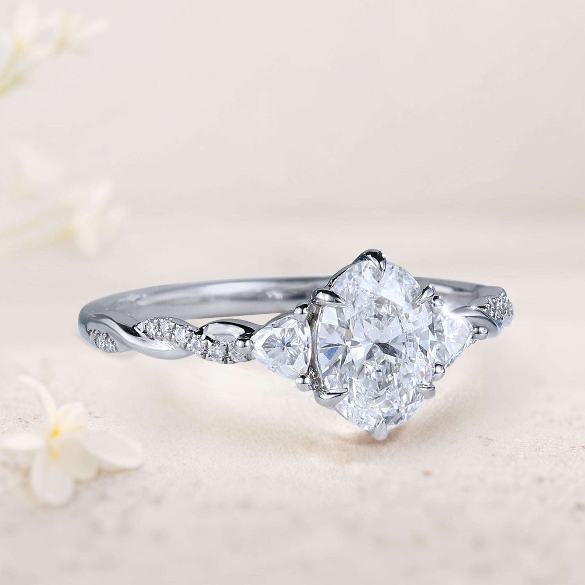 Unique Three Stone Oval Moissanite Ring Engagement Ring - Oore Jewelry