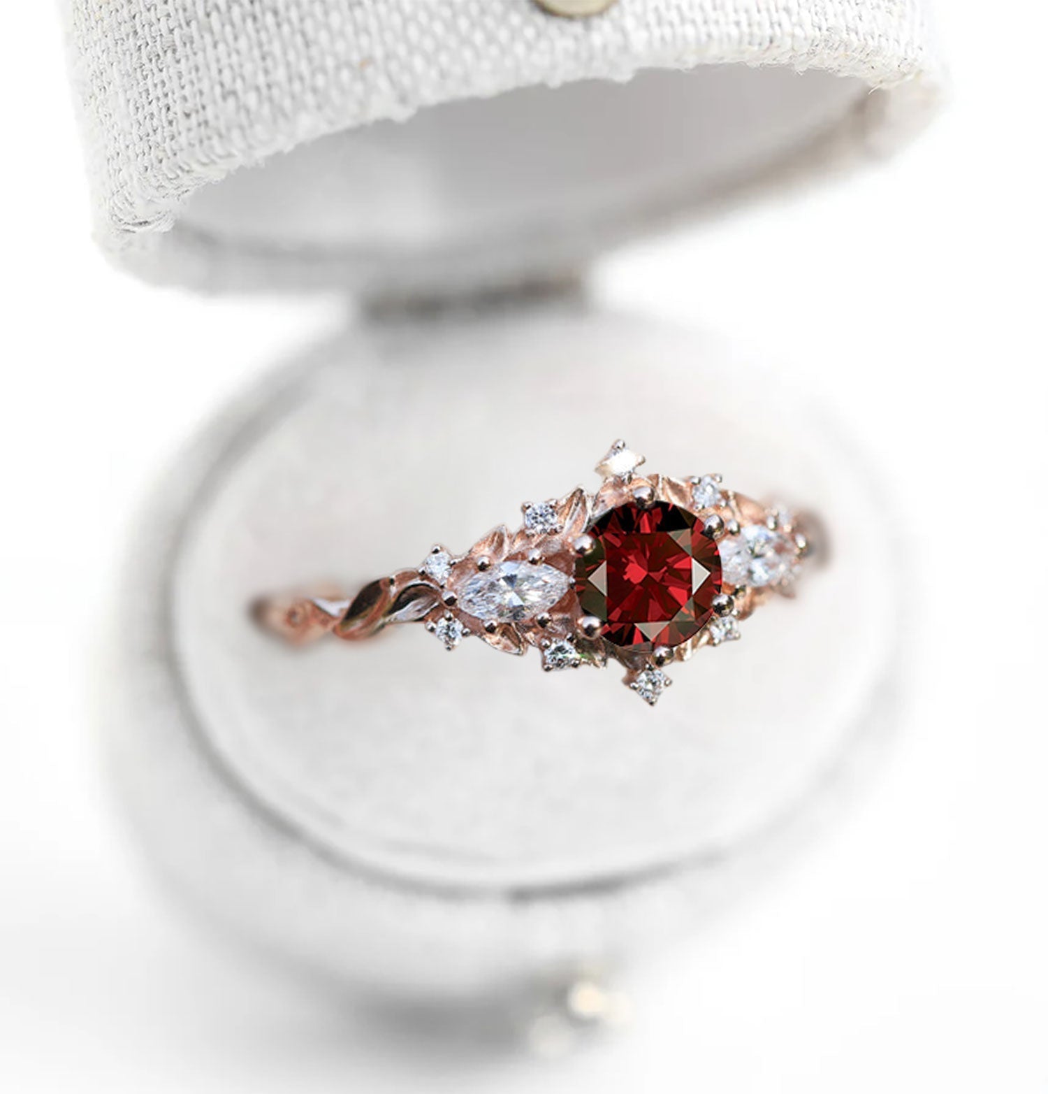 Unique Briar Rose Three Stone Round Garnet Engagement Ring - Oore Jewelry
