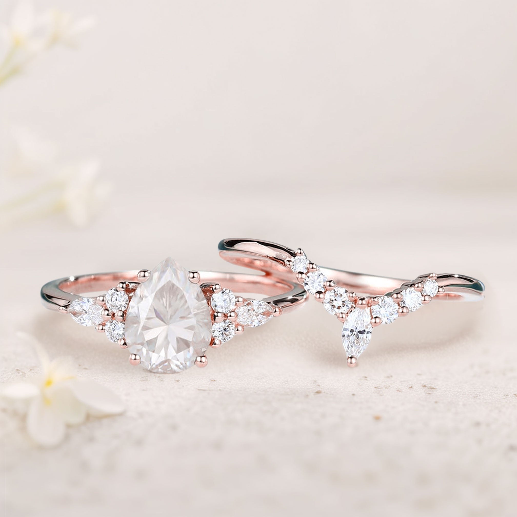 Unique Pear Forever One Moissanite Bridal Ring Set Cluster Engagement Ring - Oore Jewelry