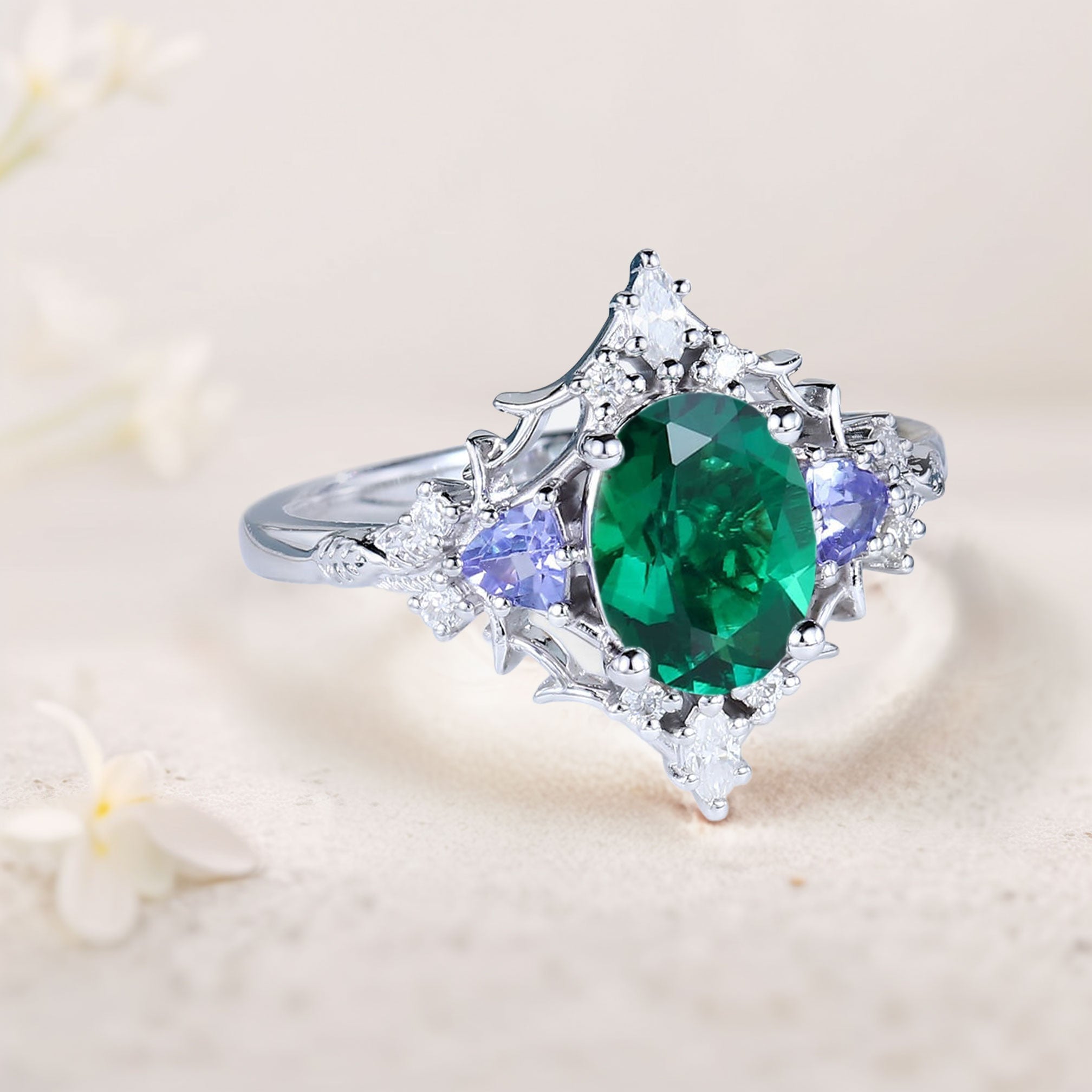 Vintage Briar Rose Oval Lab Emerald Engagement Ring Filigree Ring - Oore Jewelry