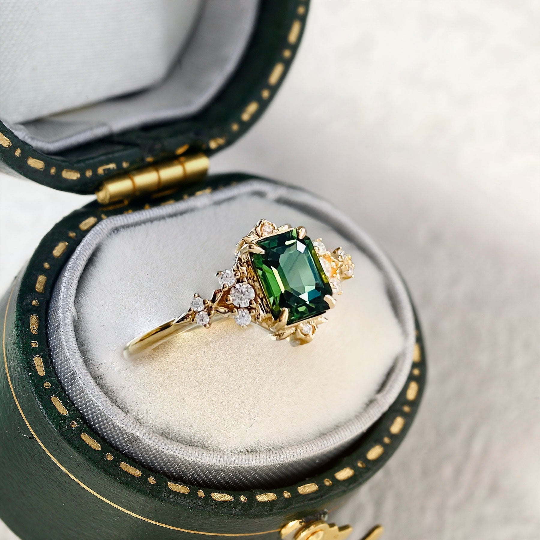 Vintage Fantasy Inspired Emerald Cut Green Lab Sapphire Engagement Ring - Oore Jewelry