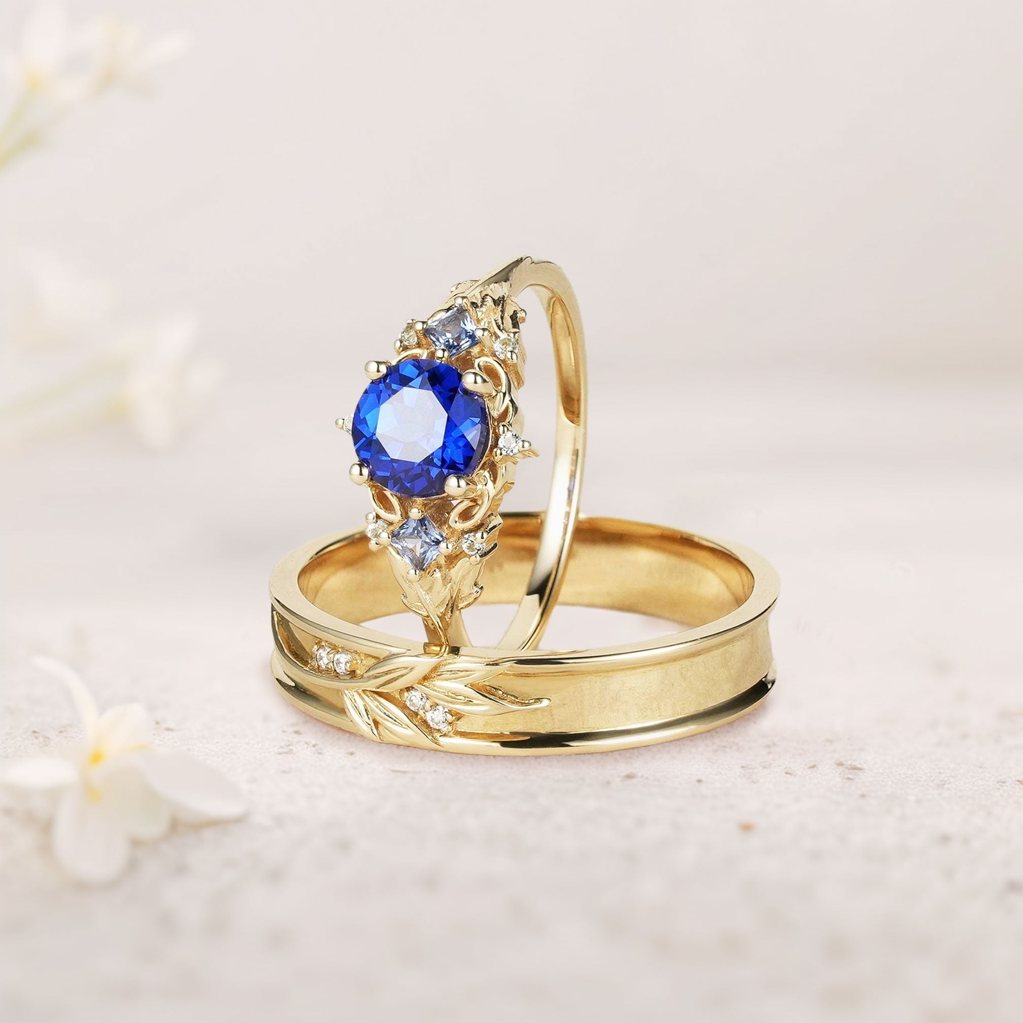 Unique Round Lab Sapphire Promise Ring Engagement Ring Set for Couples - Oore Jewelry