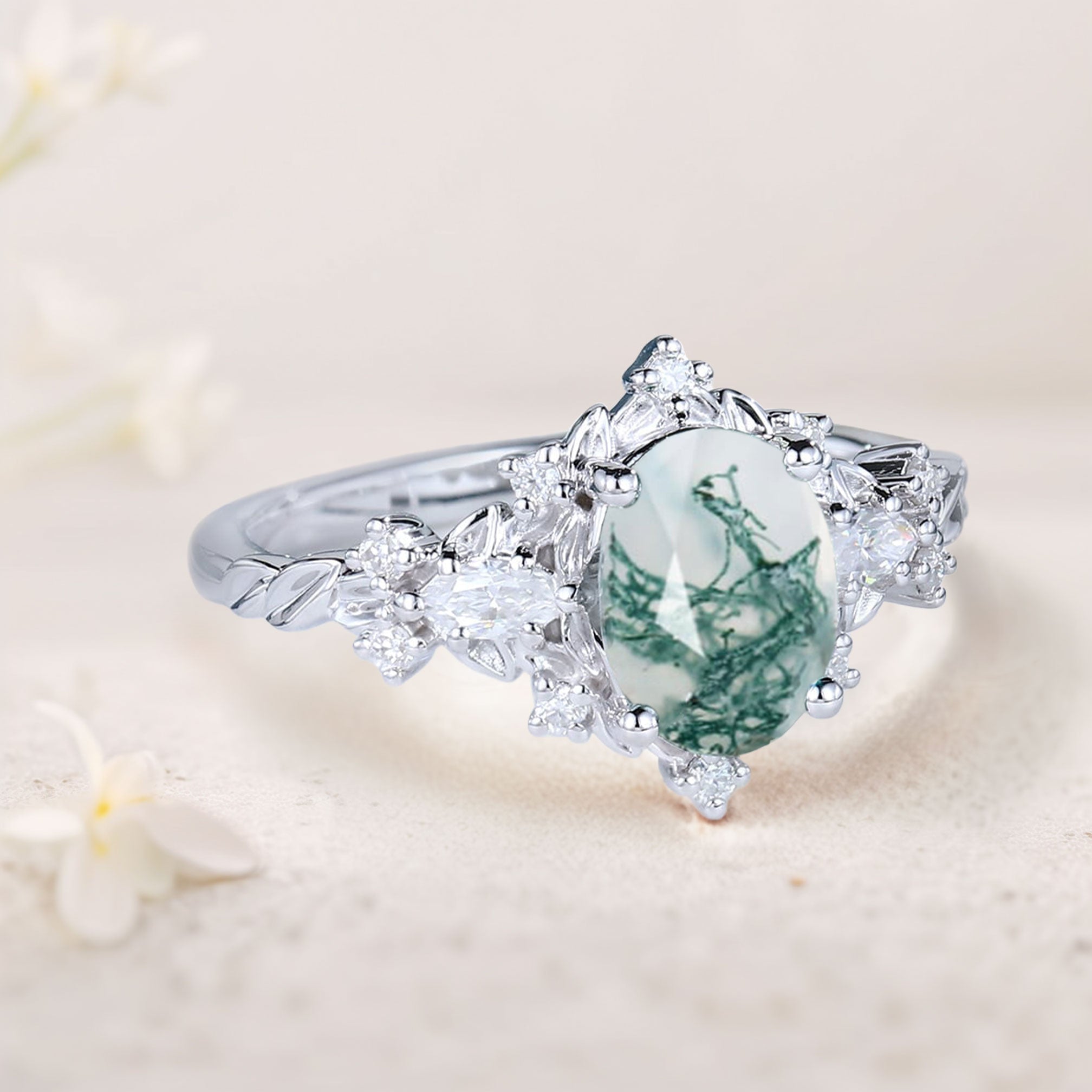 Vintage Briar Rose Oval Moss Agate Engagement Ring Vine Ring - Oore Jewelry