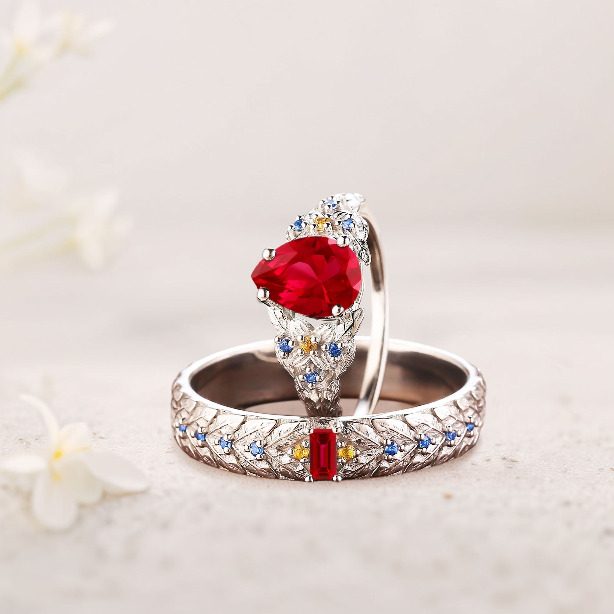 Unique Pear Lab Ruby His and Hers Matching Wedding Ring Set - Oore Jewelry