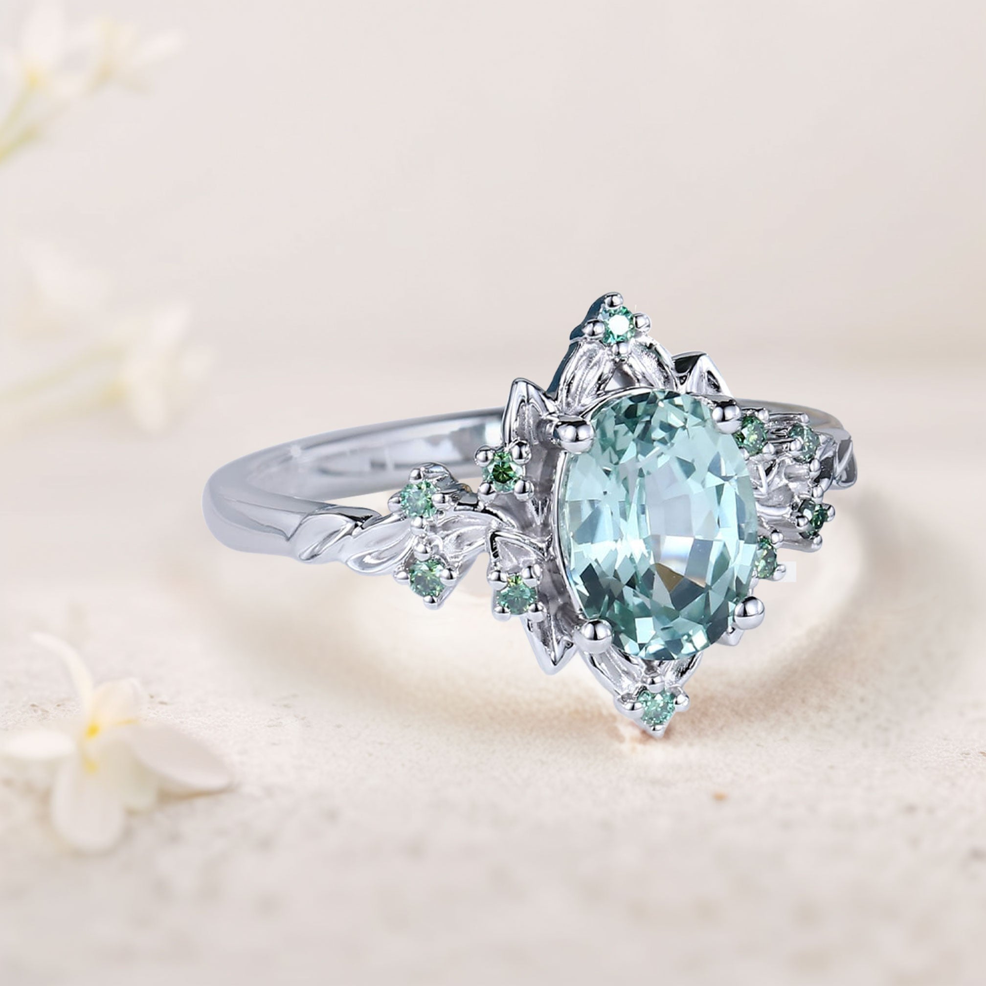 Vintage Briar Rose Oval Green Lab Sapphire Engagement Ring Olive Leaves Ring - Oore Jewelry