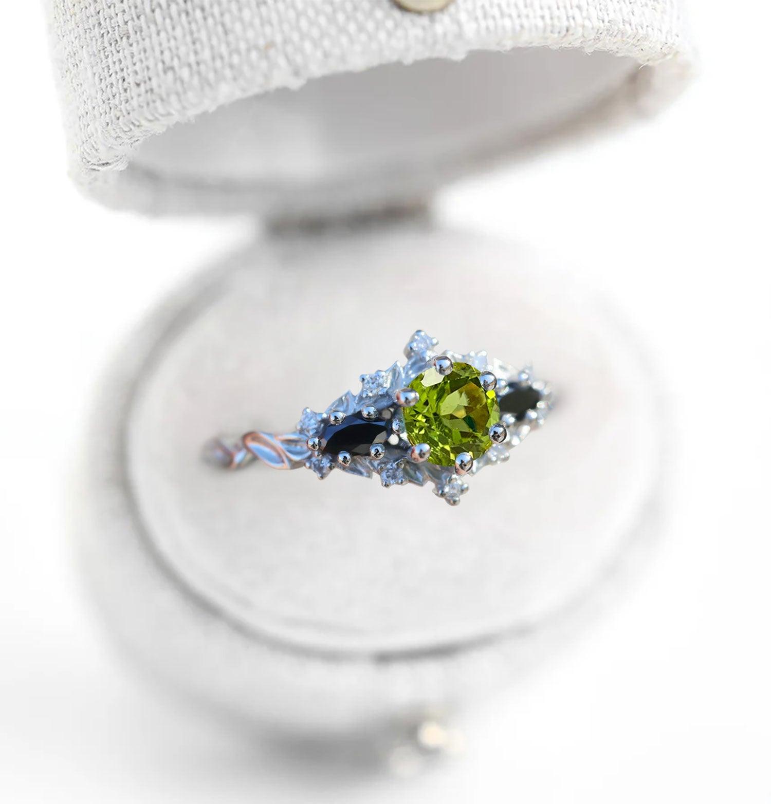 Unique Briar Rose Round Lab Peridot and Black Moissanite Ring - Oore Jewelry