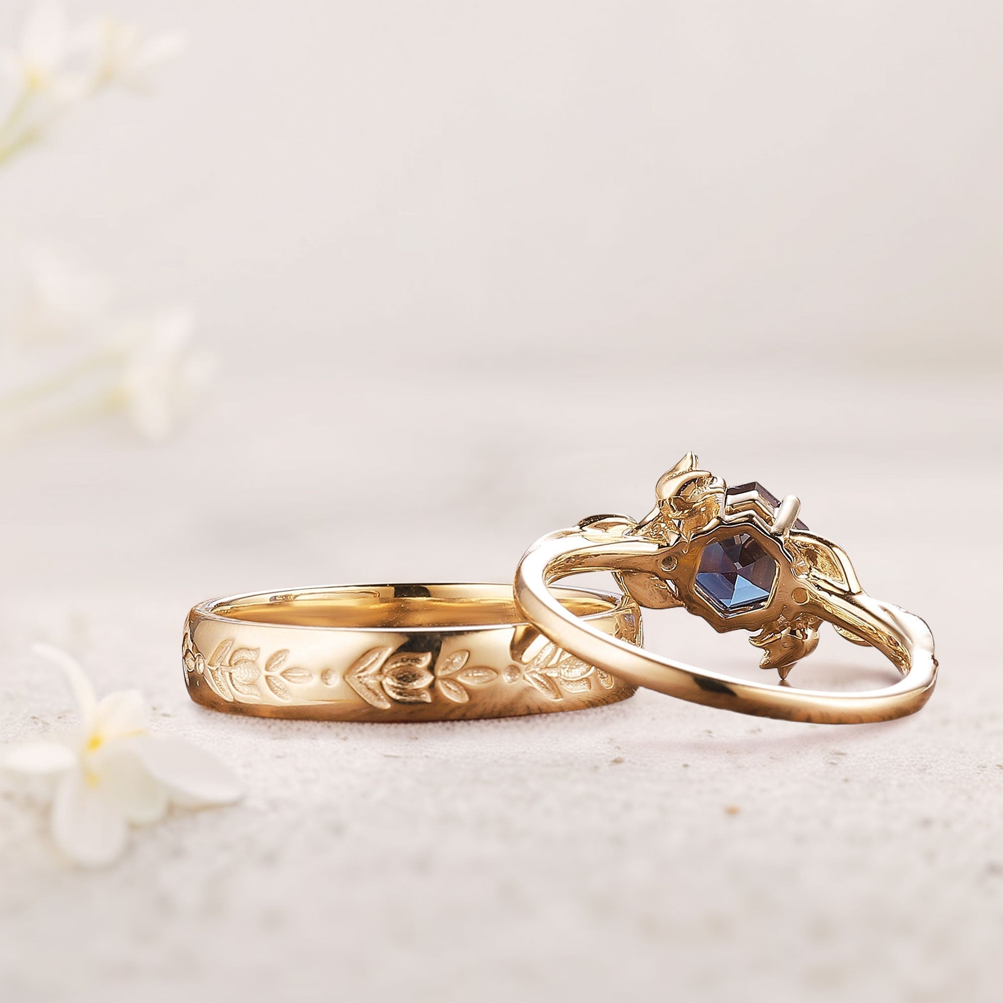 Unique Hexagon Lab Alexandrite Couple Promise Engagement Ring Set - Oore Jewelry