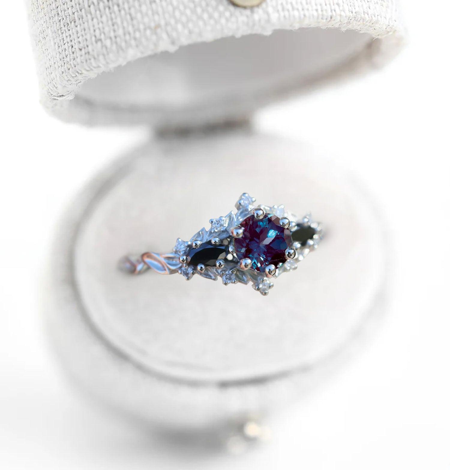 Unique Briar Rose Round Lab Alexandrite and Black Moissanite Ring - Oore Jewelry