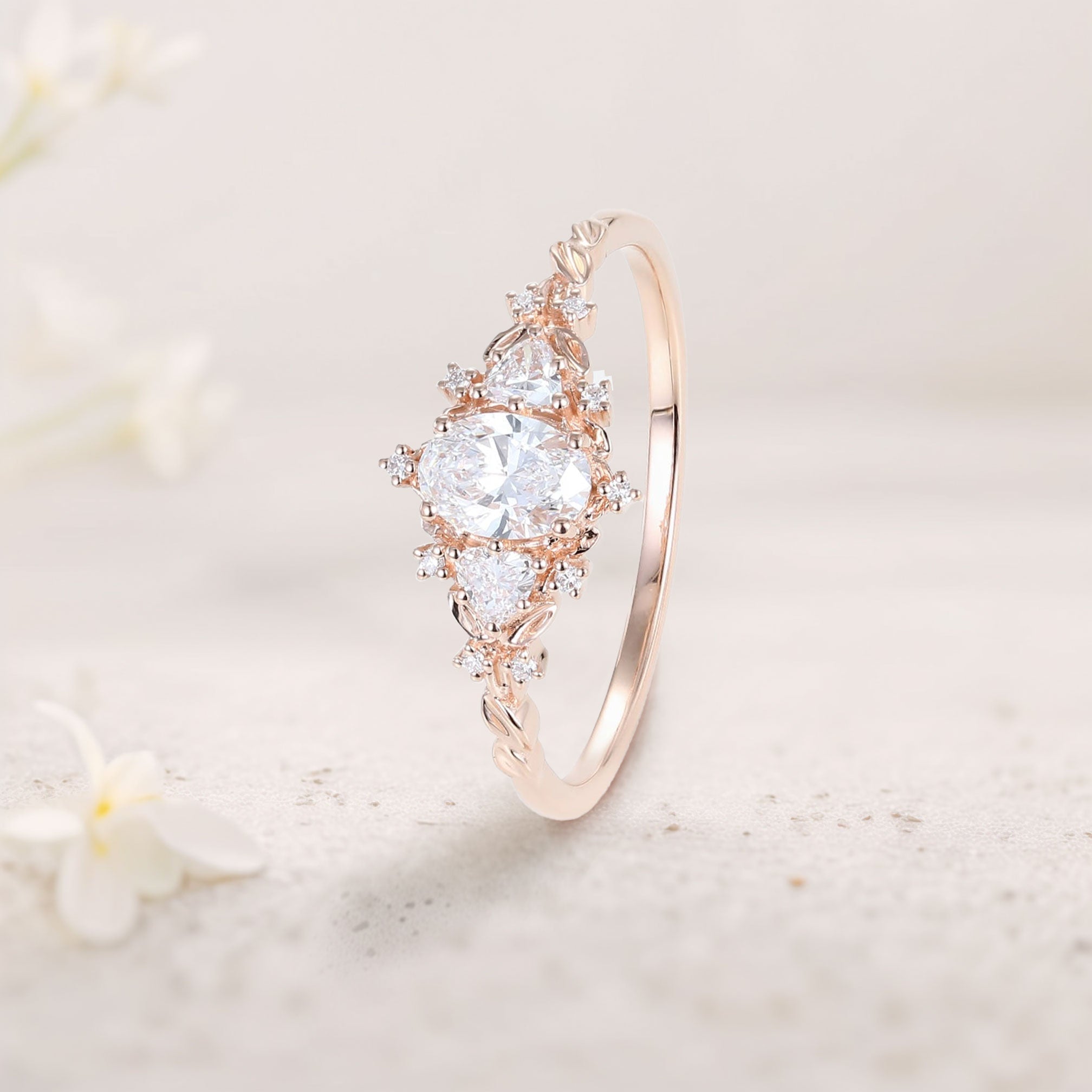Classic Briar Rose Oval Moissanite Olive Leaves Engagement Ring Fairy Ring - Oore Jewelry