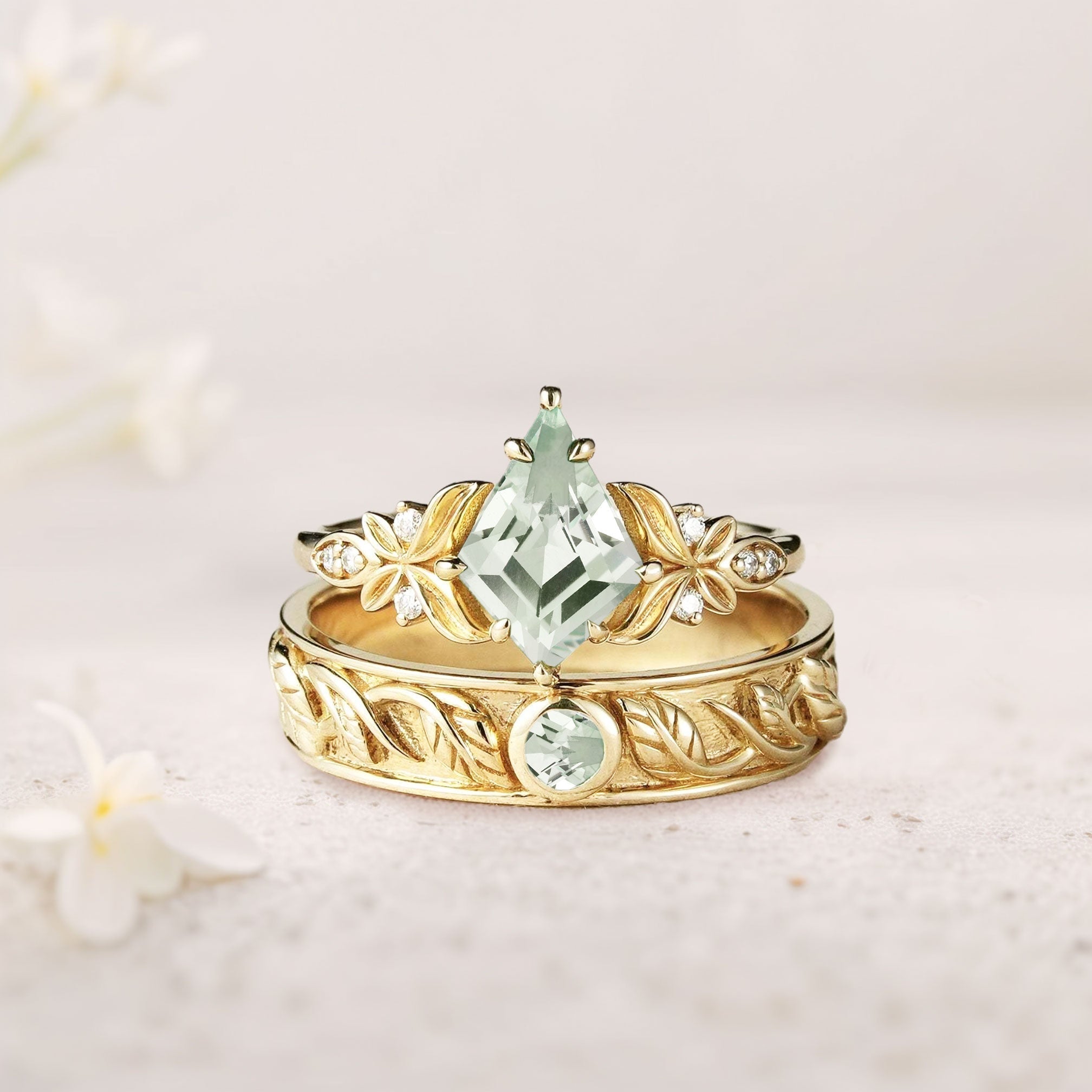 Unique Kite Green Lab Sapphire Promise Engagement Ring Wedding Ring Set For Couples - Oore Jewelry