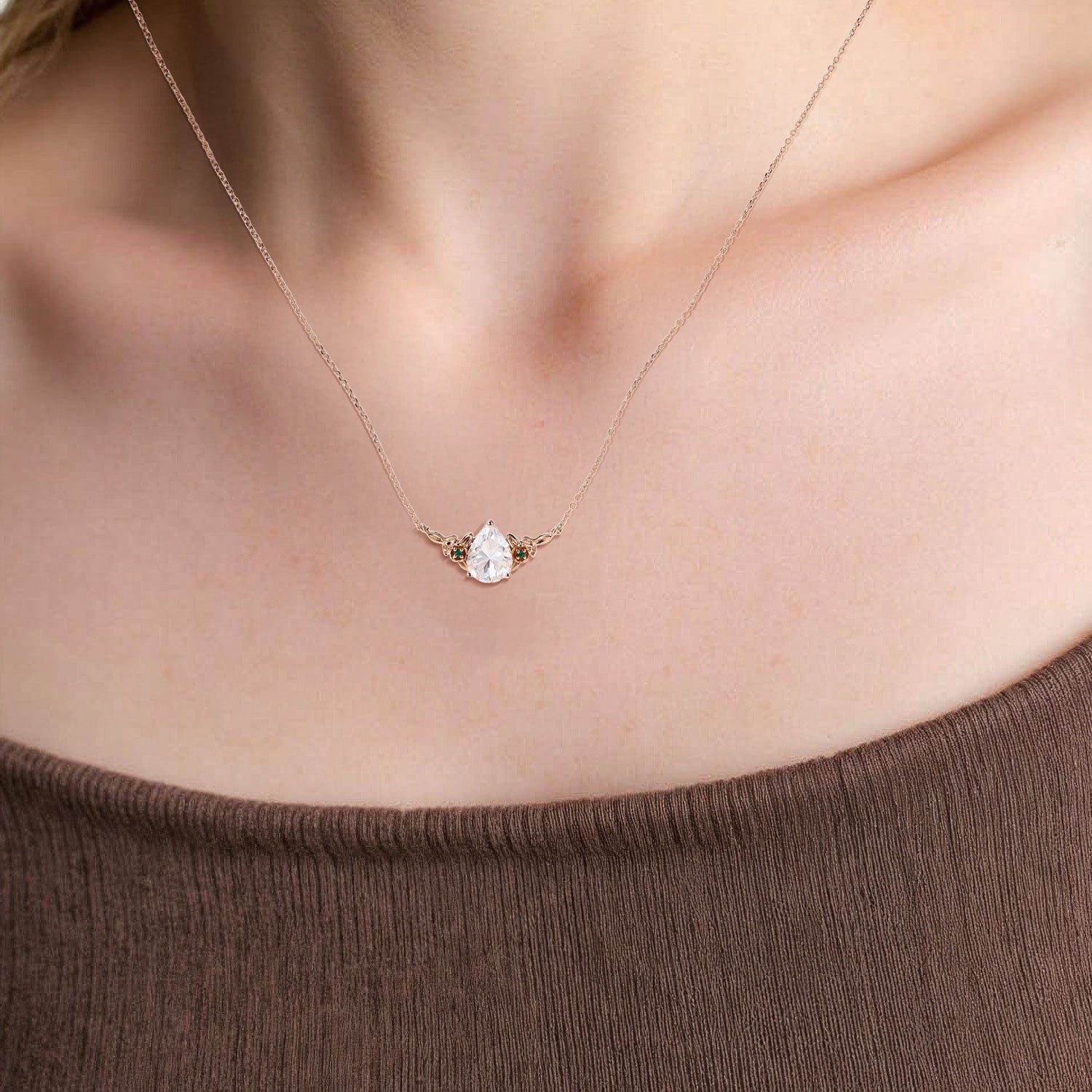 Classic Blossom Accented Pear Moissanite Necklace - Oore Jewelry