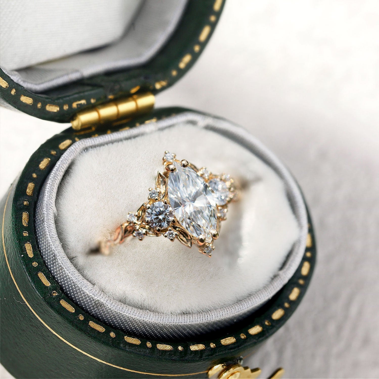 Unique Briar Rose Three Stone Marquise Moissanite Engagement Ring - Oore Jewelry