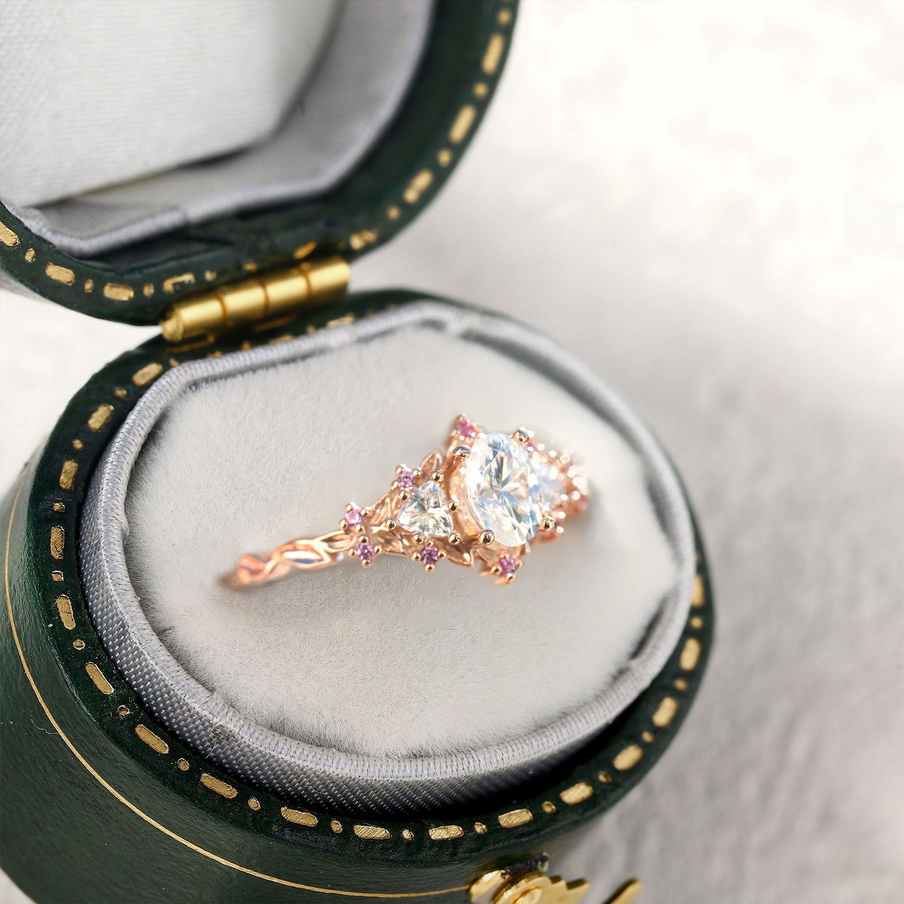 Unique Briar Rose Three Stone Oval Moissanite and Pink Sapphire Ring - Oore Jewelry