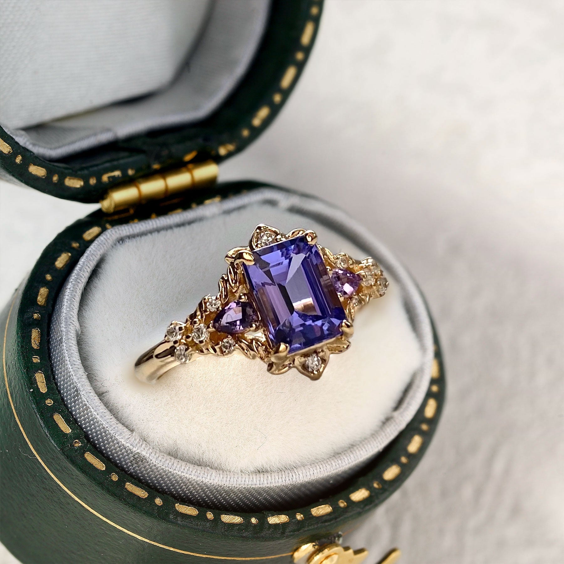 Vintage Emerald Cut Lab Tanzanite Engagement Ring Flower Wedding Ring - Oore Jewelry
