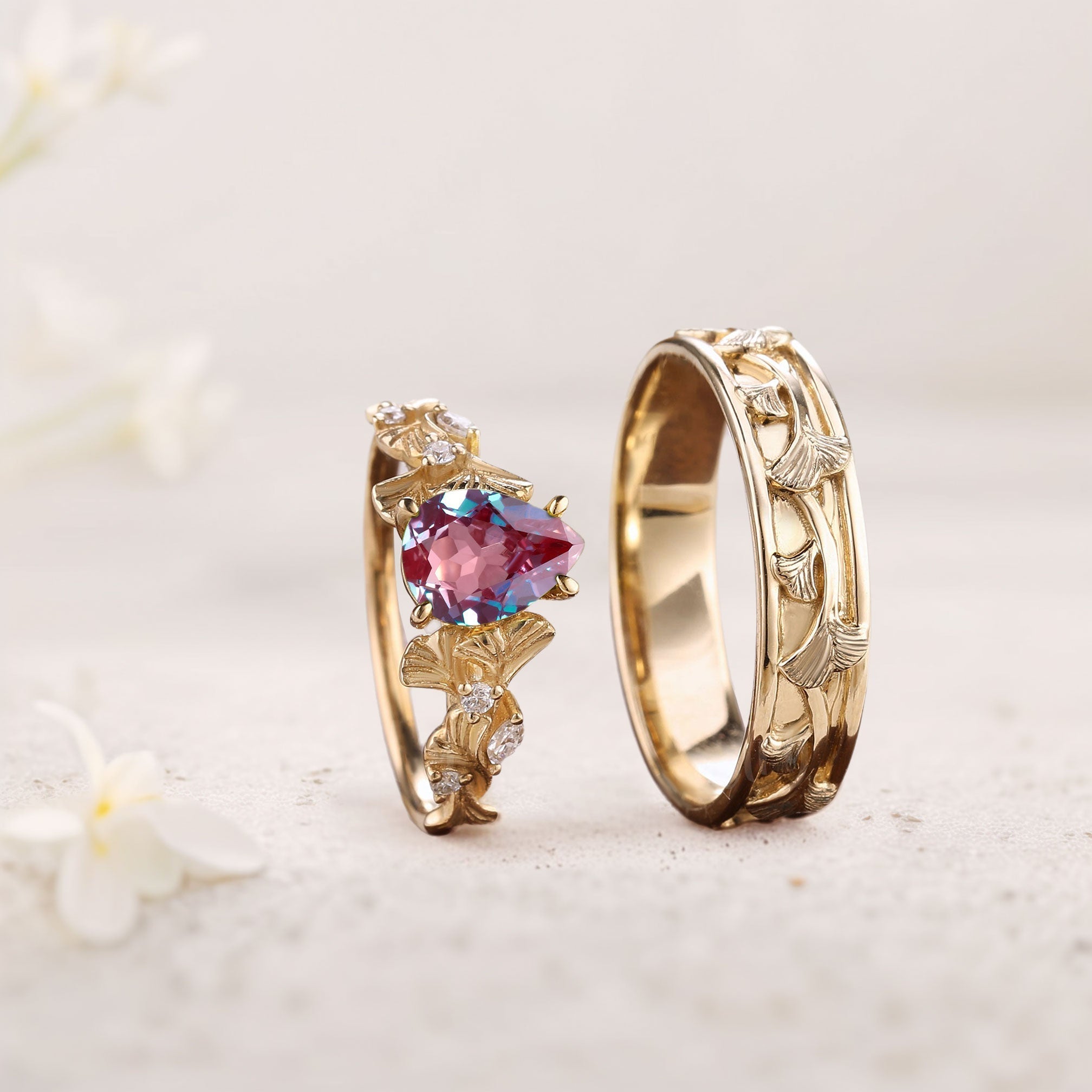 Vintage Pear Lab Alexandrite Engagement Couples Ring Set For Wedding Gift - Oore Jewelry