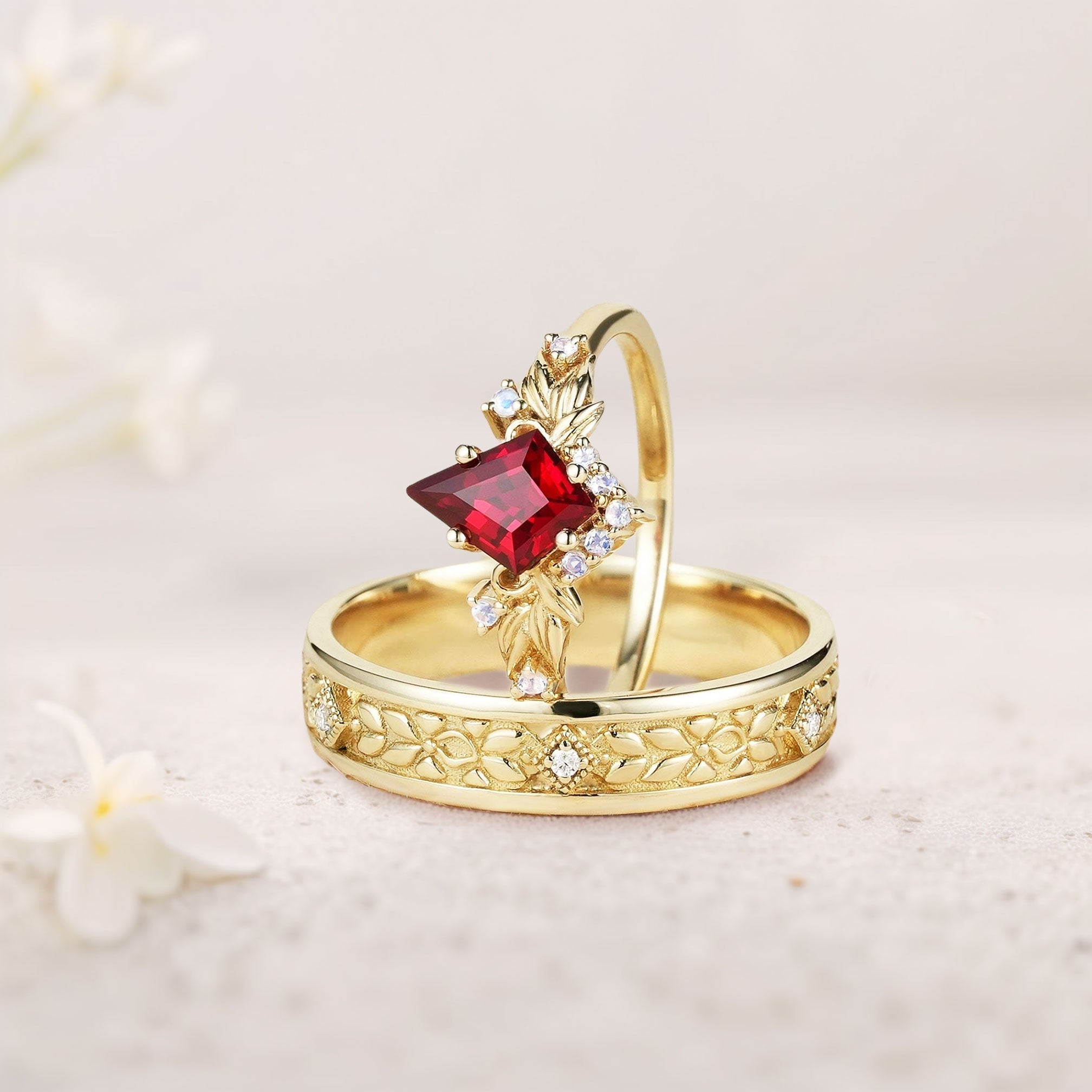 Vintage Kite Lab Ruby Promise Ring Engagement Ring Set for Couples - Oore Jewelry