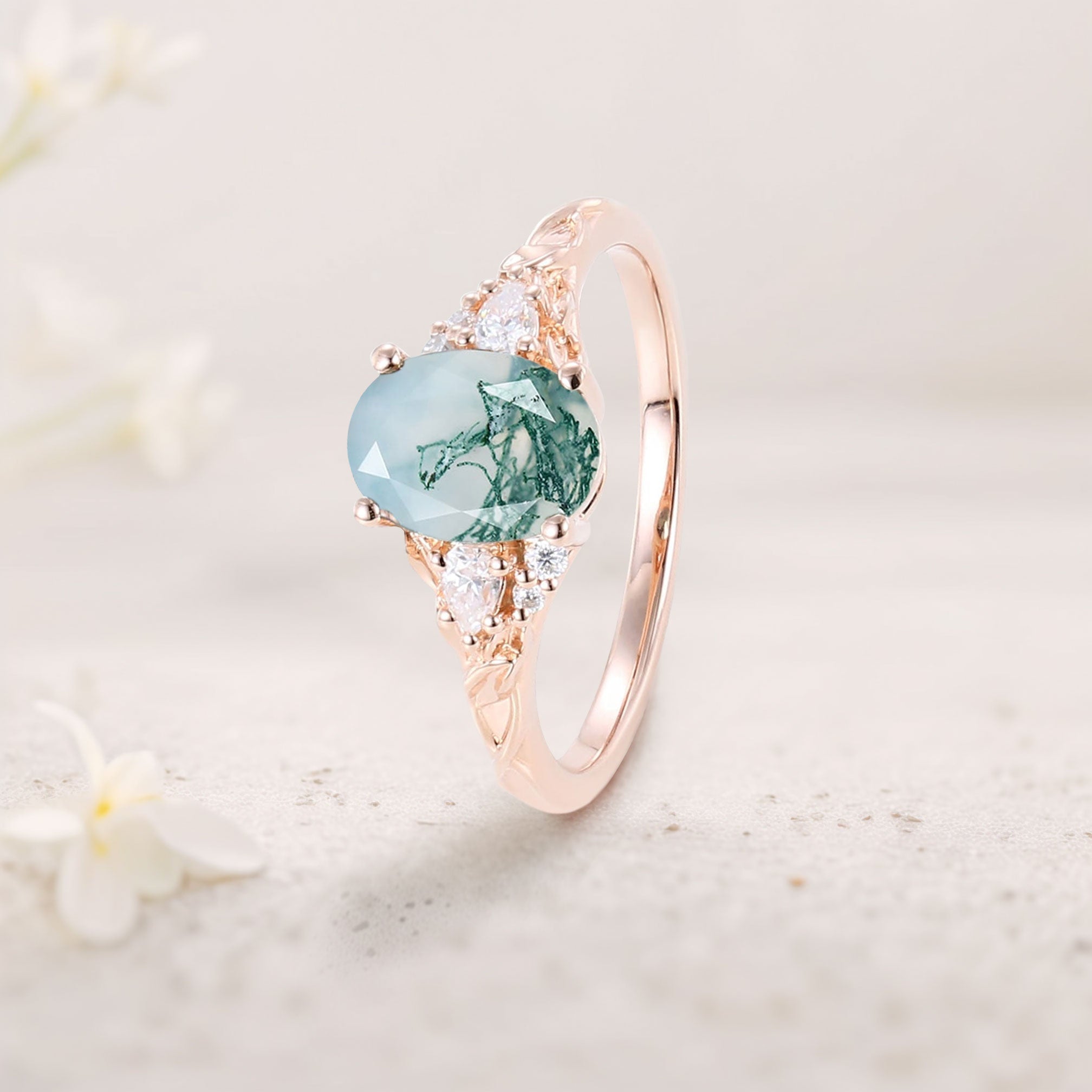 Unique Oval Moss Agate and Moissanite Wedding Ring - Oore Jewelry