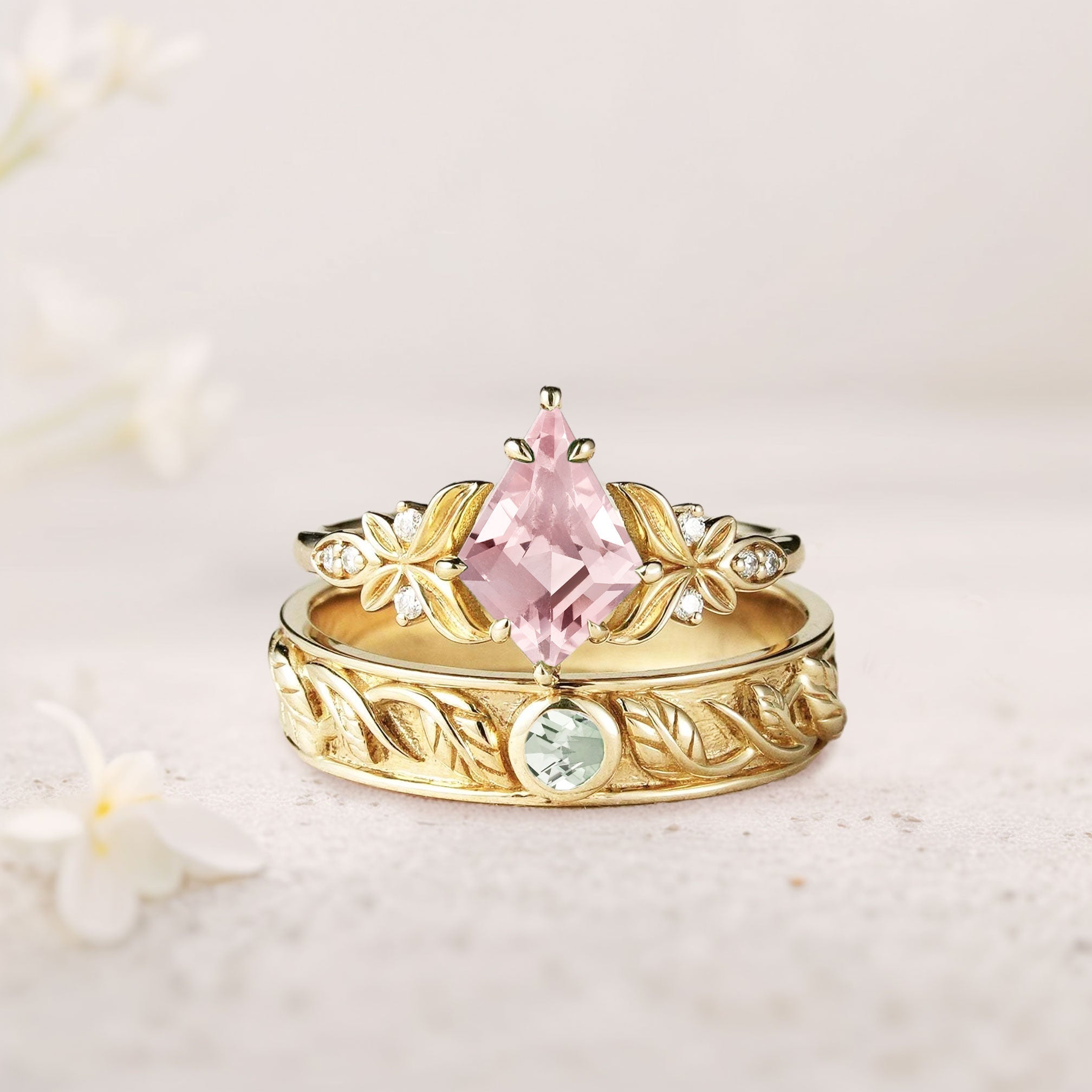 Unique Kite Lab Padparadscha Promise Engagement Ring Wedding Ring Set For Couples - Oore Jewelry