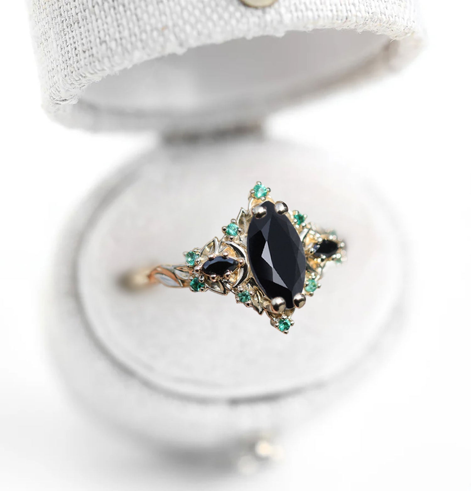 Unique Briar Moon Three Stone Marquise Black Onyx and Lab Emerald Ring - Oore Jewelry