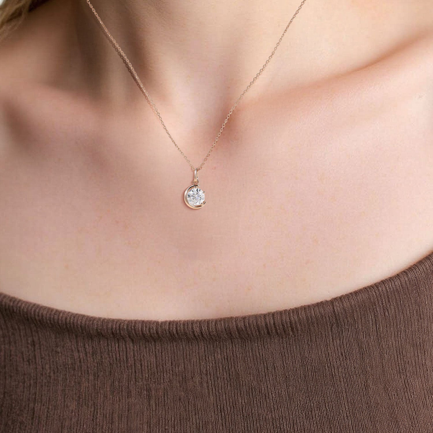 Unique Solitaire Crescent Round Moissanite Pendant Necklace - Oore Jewelry