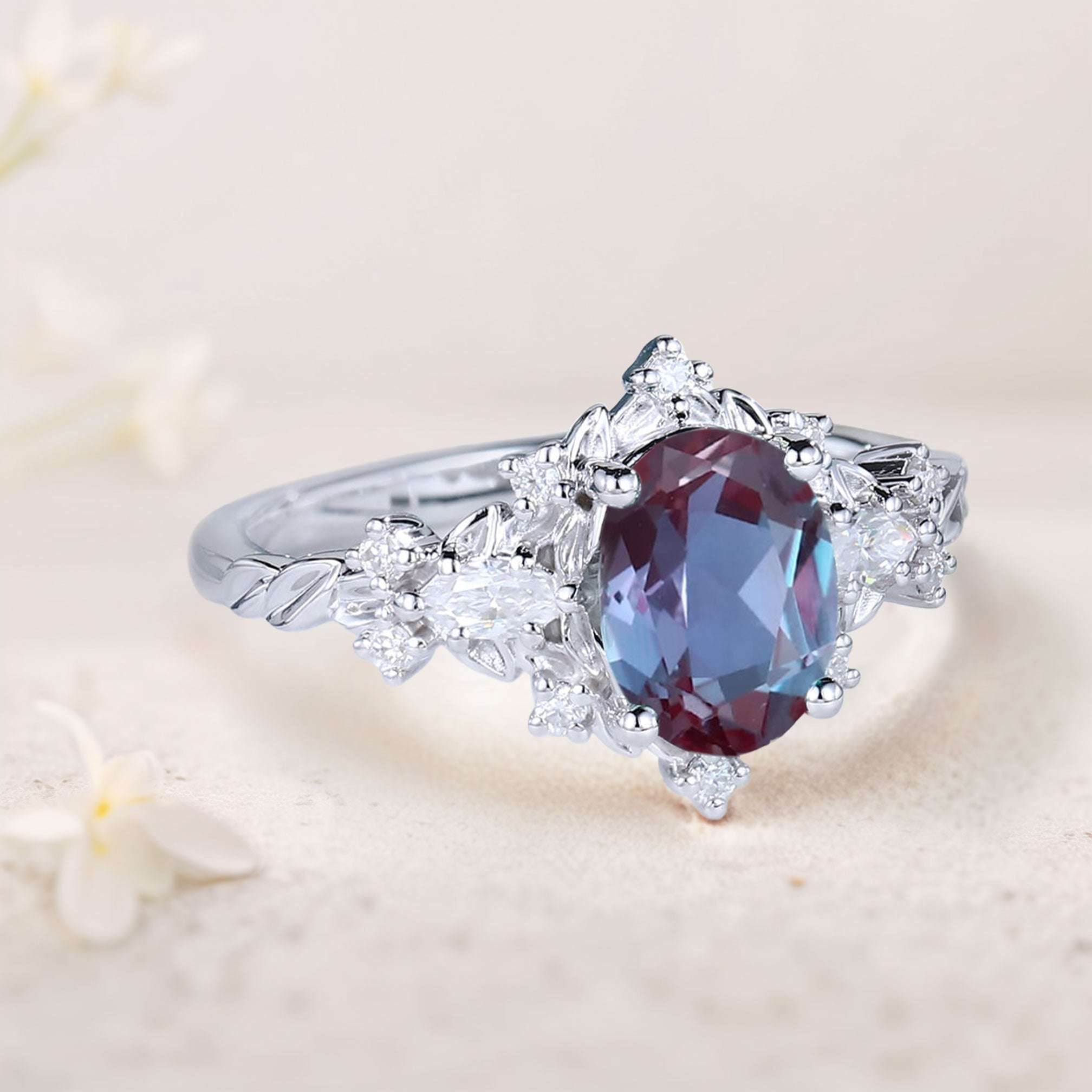 Vintage Briar Rose Oval Lab Alexandrite Engagement Ring Vine Ring - Oore Jewelry