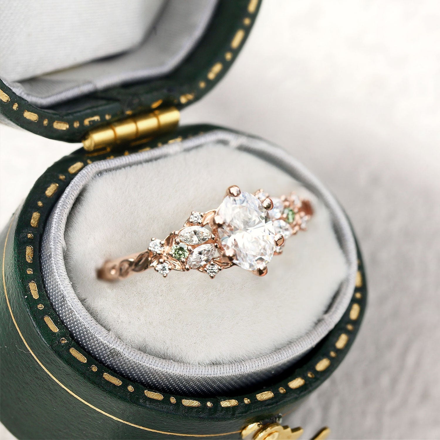 Enchanted Garden Oval Moissanite and Green Sapphire Engagement Ring - Oore Jewelry