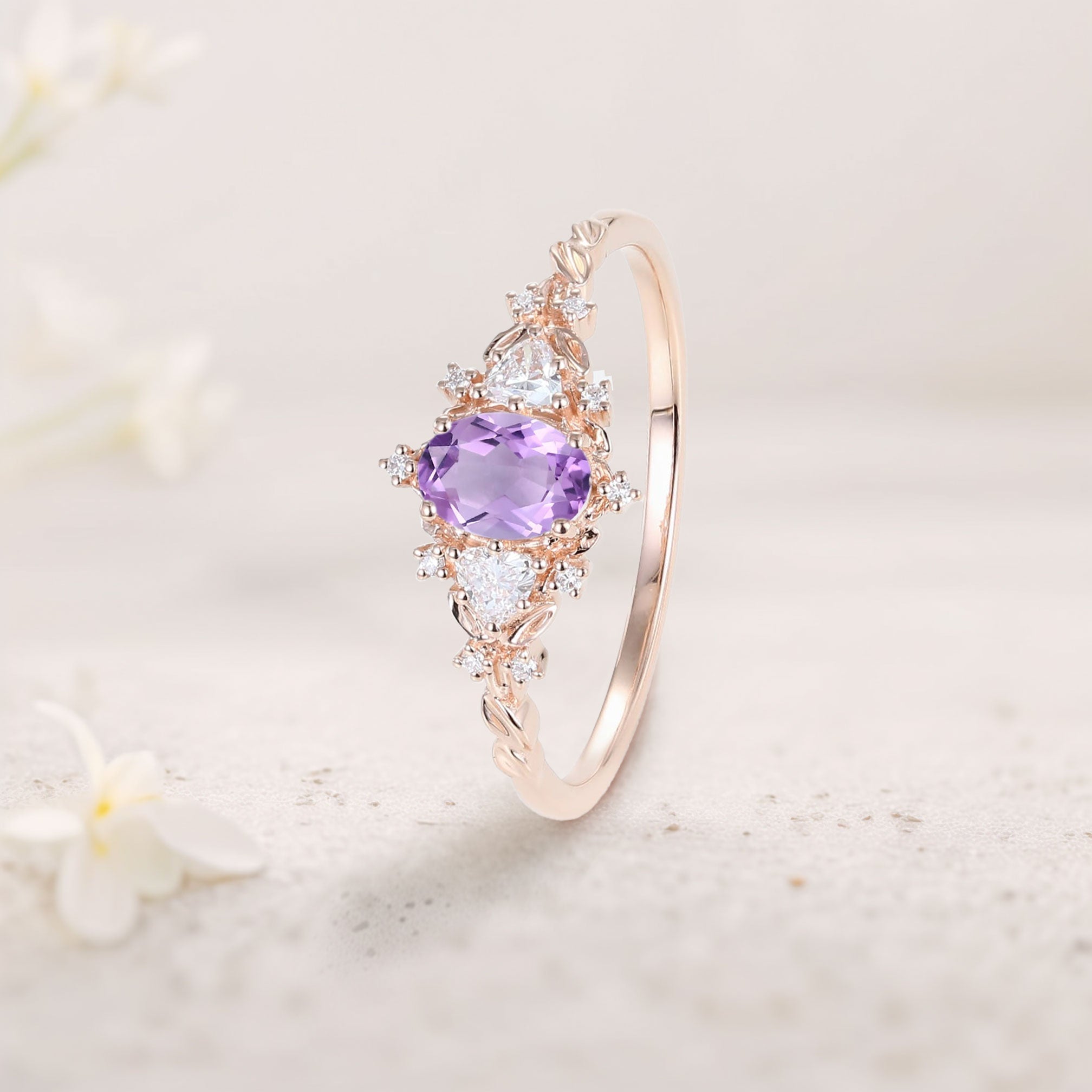 Vintage Briar Rose Oval Amethyst Olive Leaves Engagement Ring - Oore Jewelry