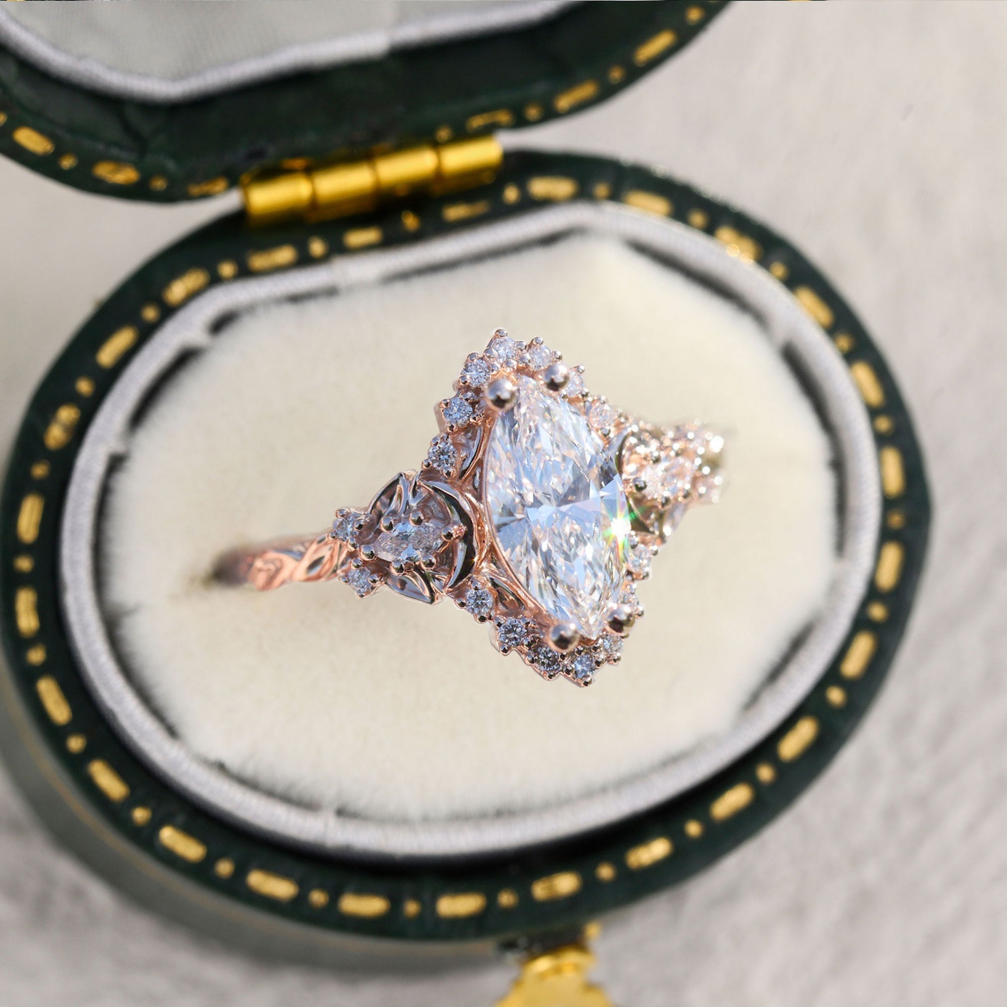 Unique Three Stone Moon Half Halo Marquise Lab Grown Diamond Ring - Oore Jewelry