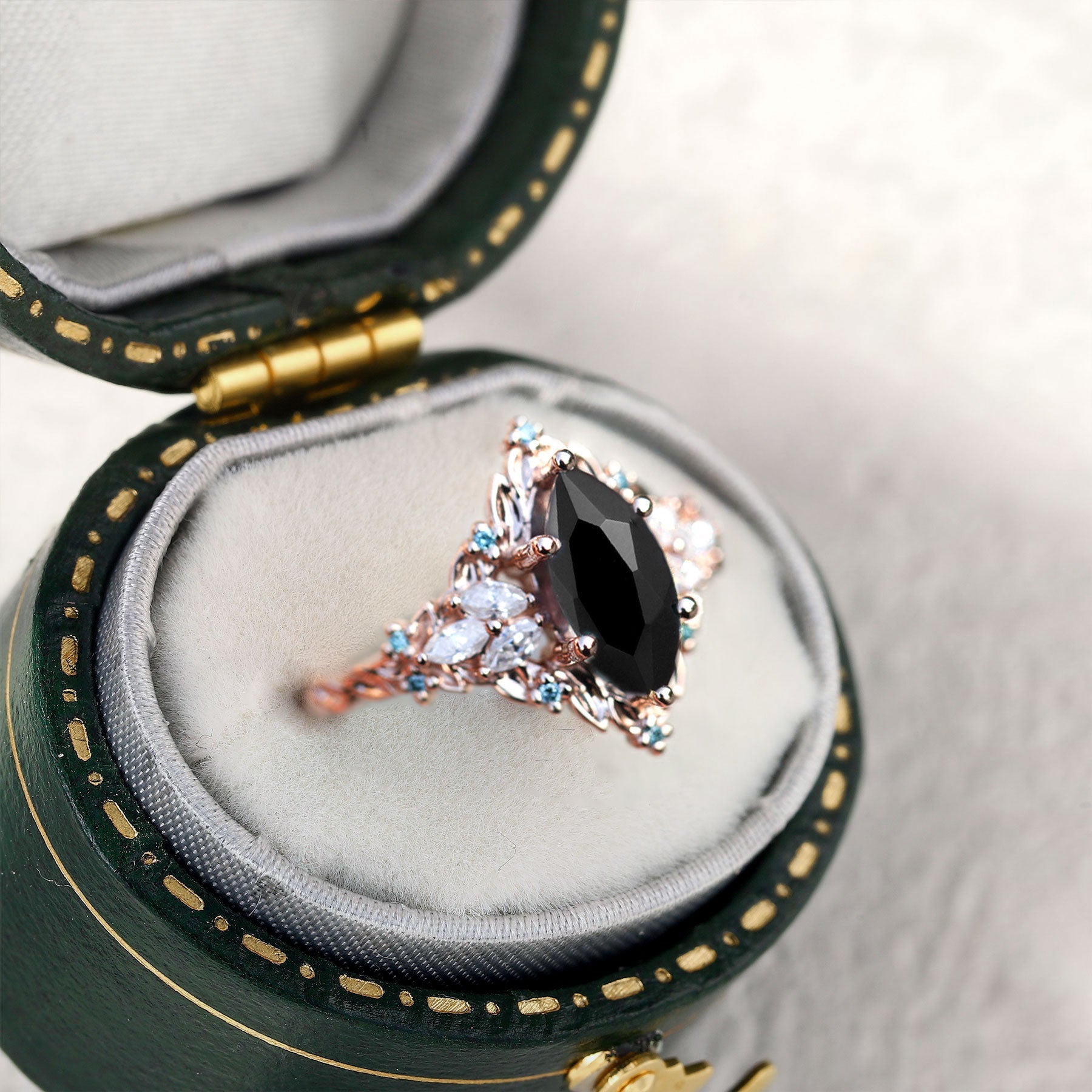 Unique Briar Rose Starlight Marquise Black Onyx Ring - Oore Jewelry