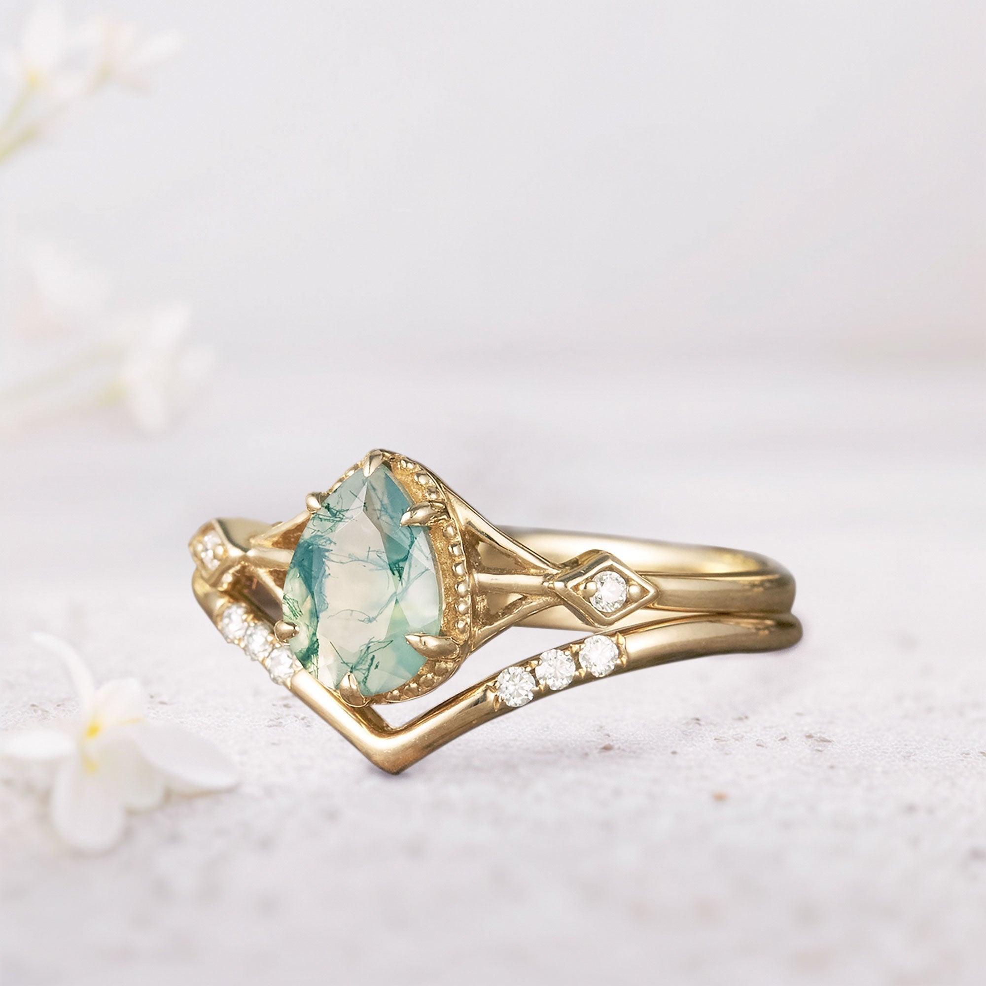 Unique Pear Moss Agate Bridal Ring Set - Oore Jewelry