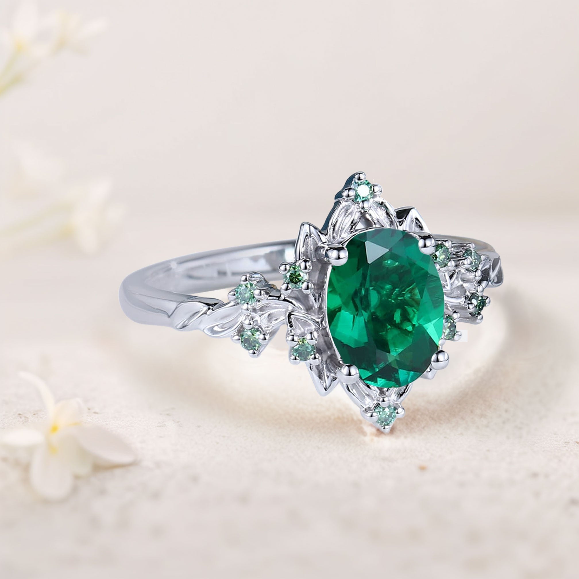Vintage Briar Rose Halo Oval Lab Emerald Engagement Ring Olive Leaves Ring - Oore Jewelry