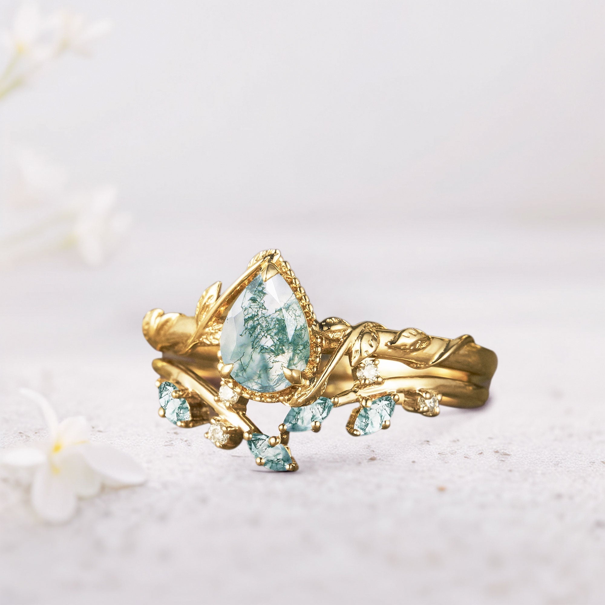 Unique Pear Moss Agate Bridal Ring Set Leaf Ring Set - Oore Jewelry