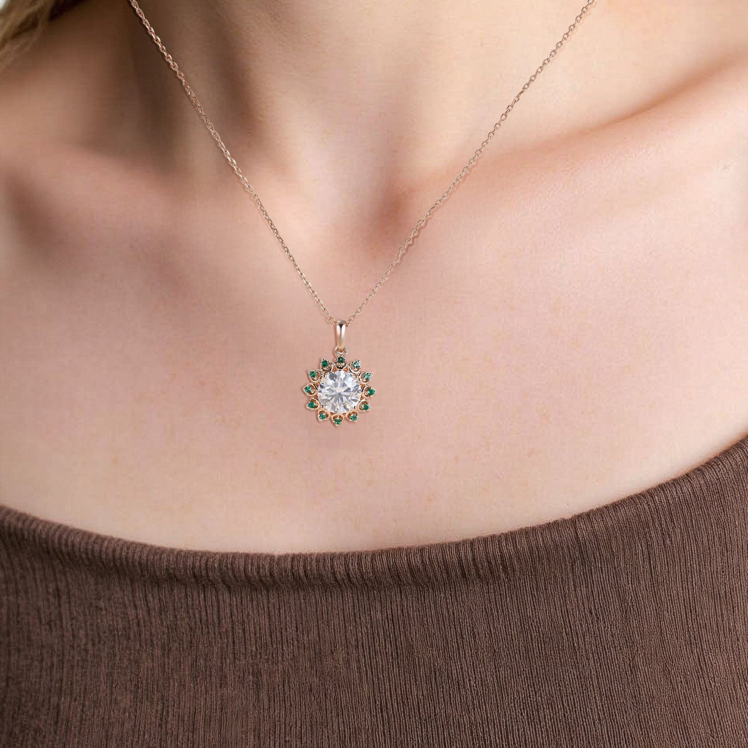 Unique Halo Accented Round Moissanite and Lab Emerald Pendant Necklace - Oore Jewelry