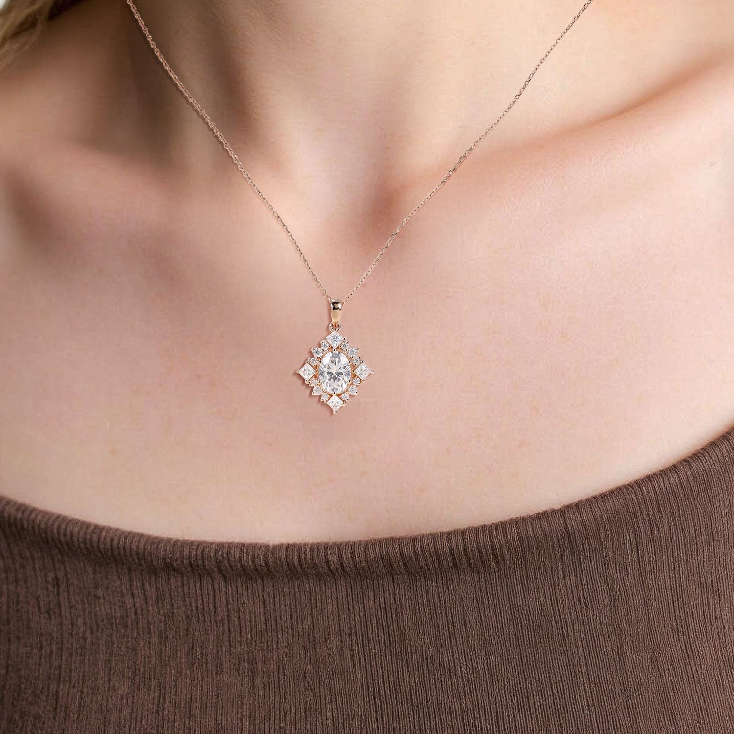 Classic Magic Mirror Cluster Halo Oval Moissanite Necklace - Oore Jewelry