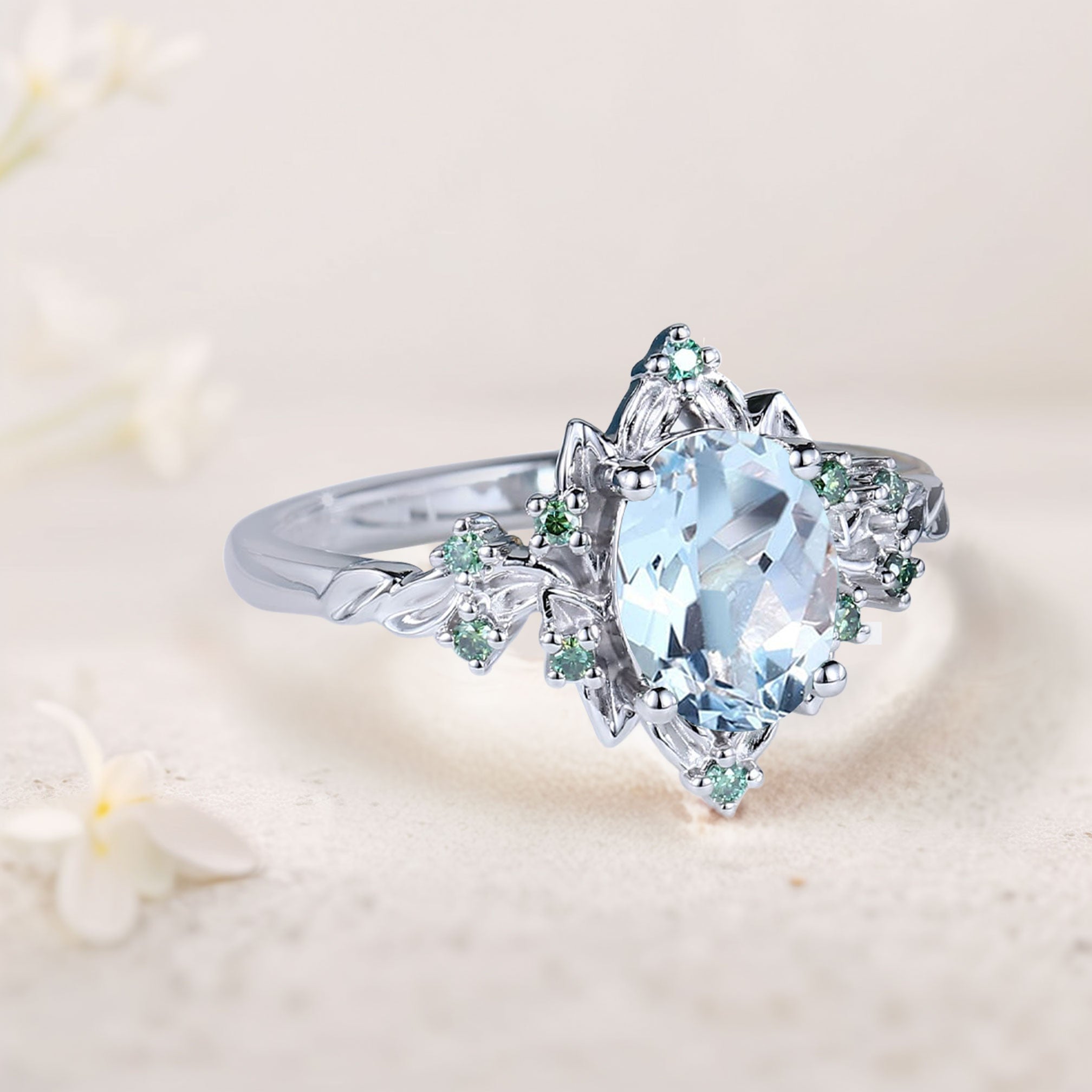Vintage Briar Rose Oval Lab Aquamarine Engagement Ring Olive Leaves Ring - Oore Jewelry
