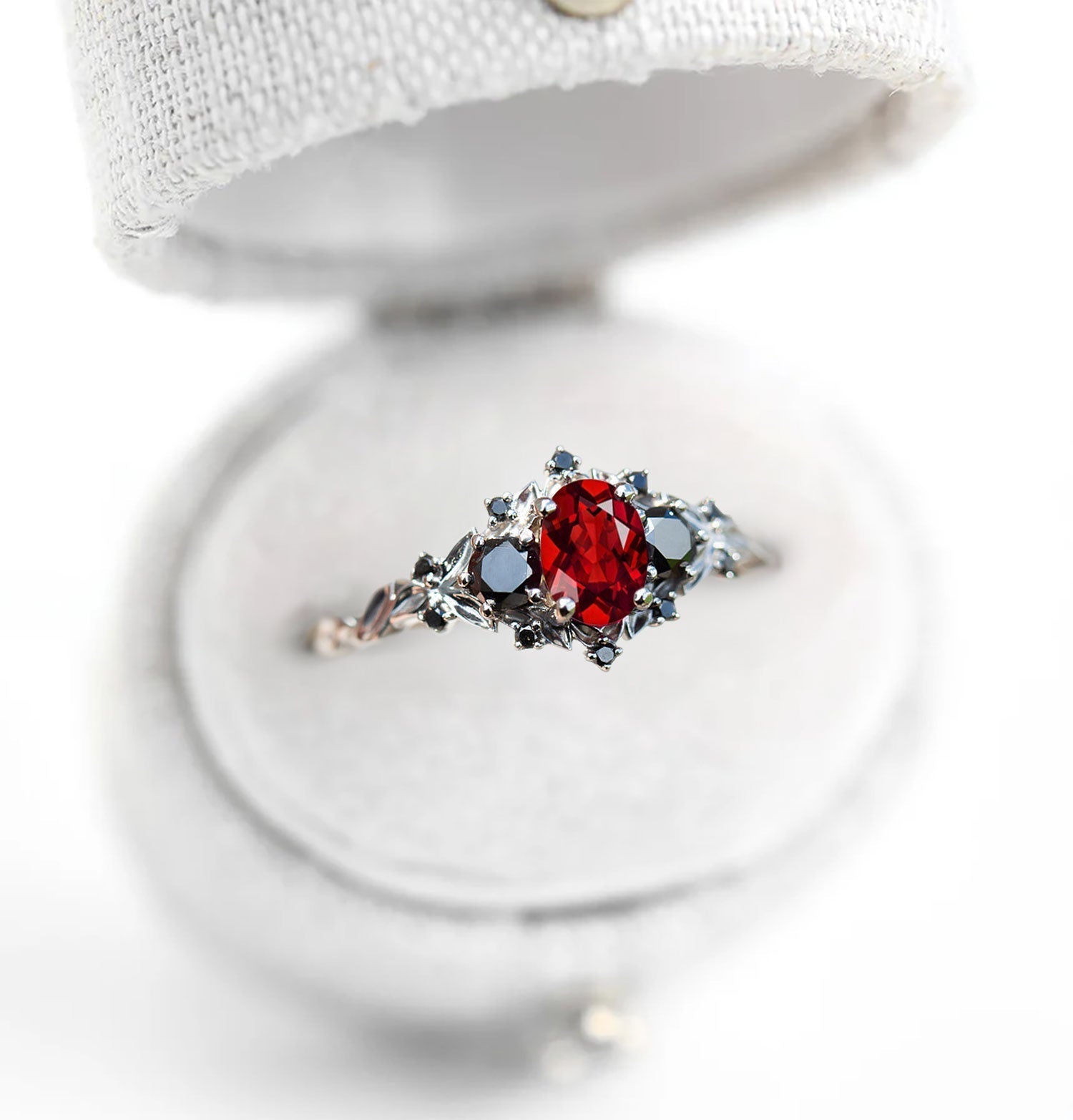 Unique Briar Rose Three Stone Oval Garnet and Black Moissanite Anniversary Ring - Oore Jewelry