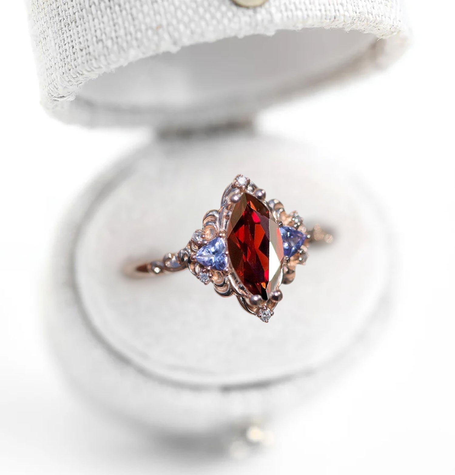 Unique Aurora Three Stone Marquise Garnet and Color Moissanite Anniversary Ring - Oore Jewelry