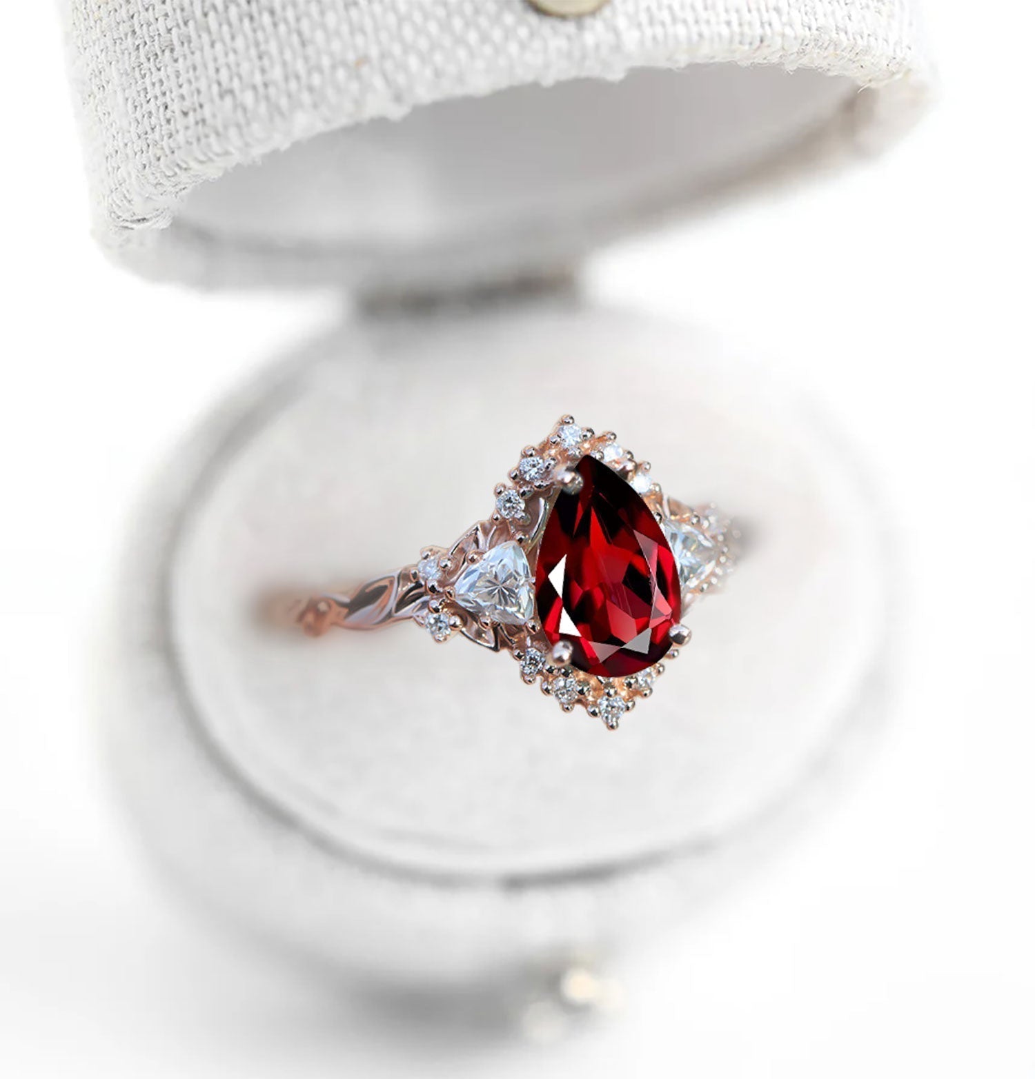 Unique Briar Half Halo Pear Garnet Ring - Oore Jewelry