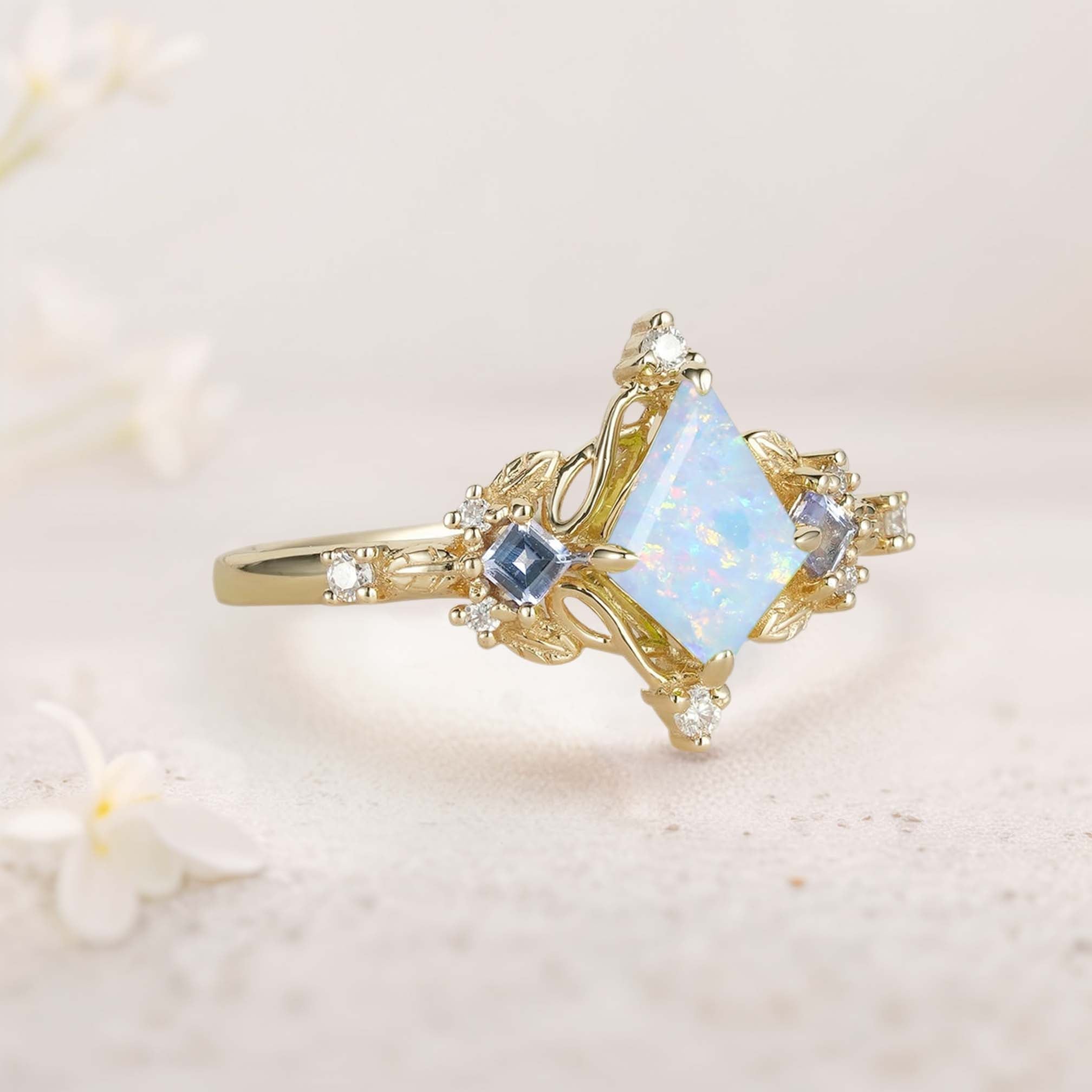 Unique Kite Three Stone Lab Opal Leaf Ring - Oore Jewelry