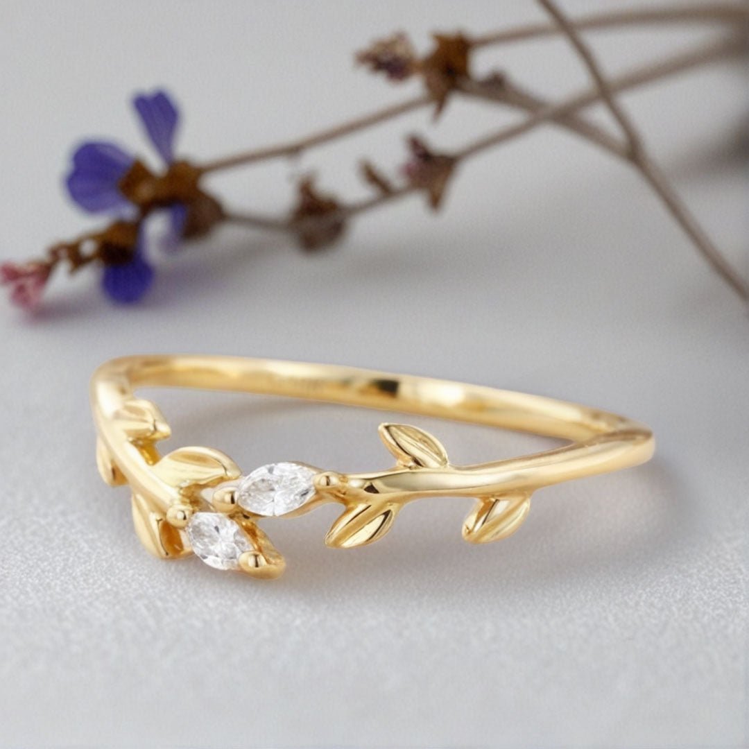 Unique Marquise Moissanite Wedding Band Leaf Moissanite Engagement Ring - Oore Jewelry