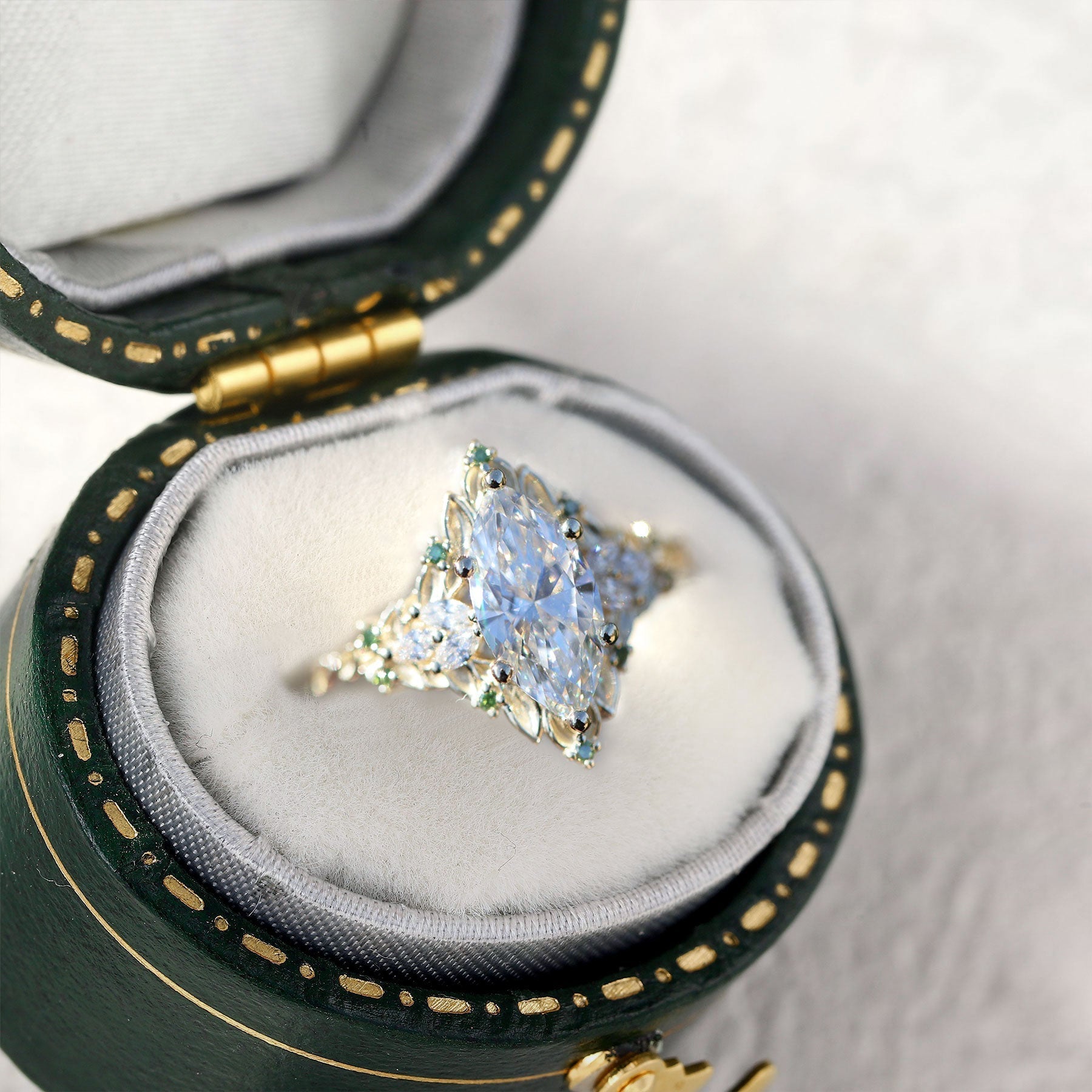 Unique Briar Rose Marquise Lab Diamond and Green Sapphire Engagement Ring - Oore Jewelry