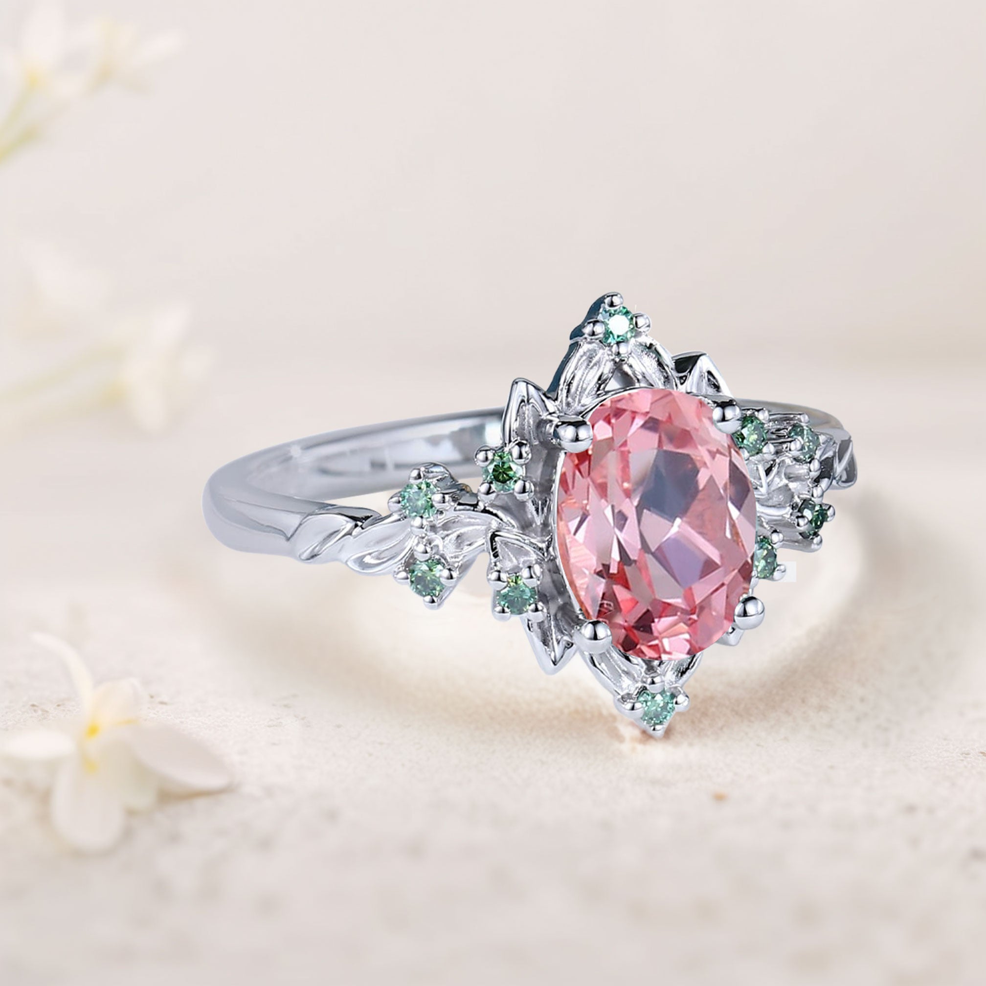 Vintage Briar Rose Oval Pink Lab Padparadscha Engagement Ring Olive Leaves Ring - Oore Jewelry